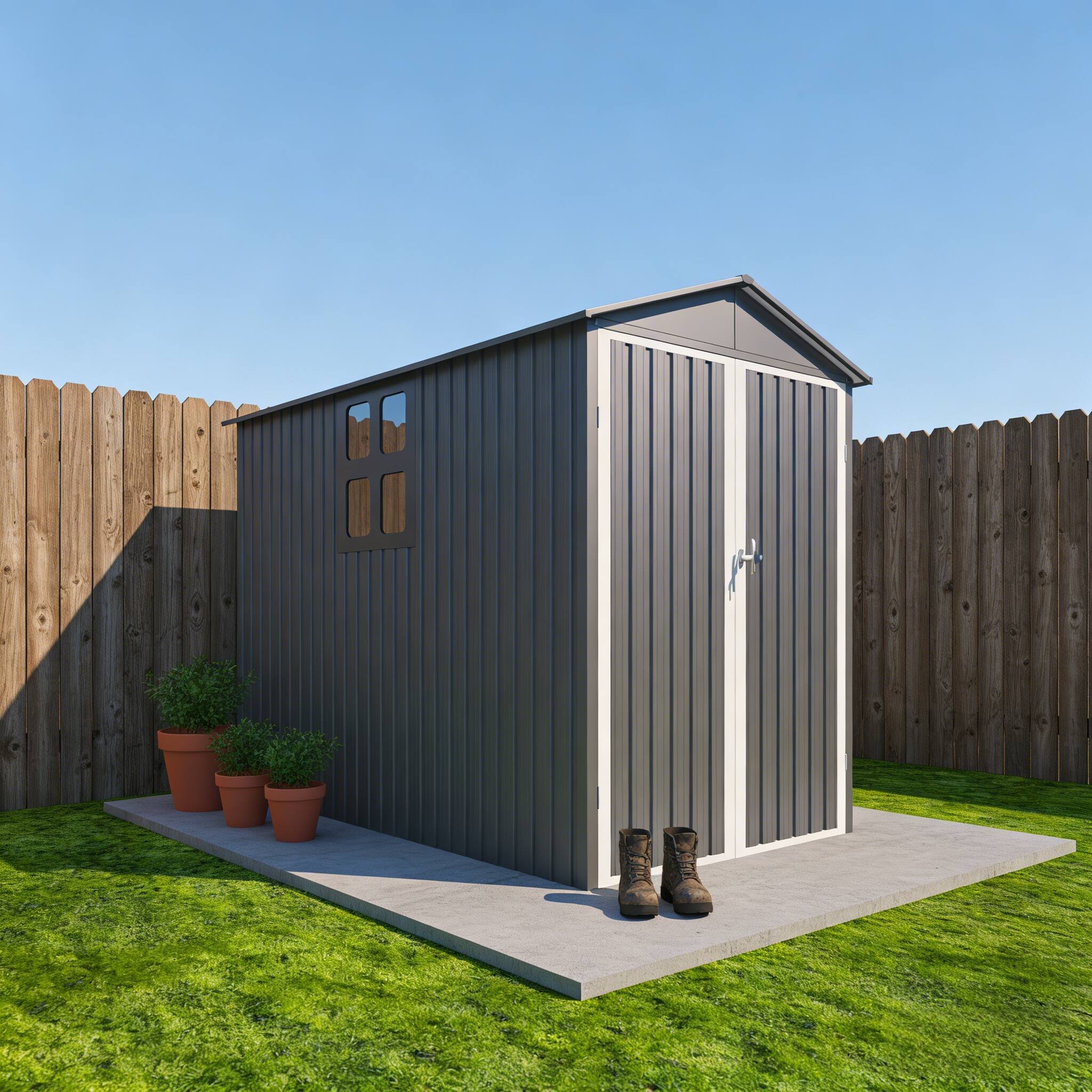 Back. Loheer - Loheer Motorcycle Storage Shed with Window 66 by 121 Inch Grey and White Outdoor Shed.
