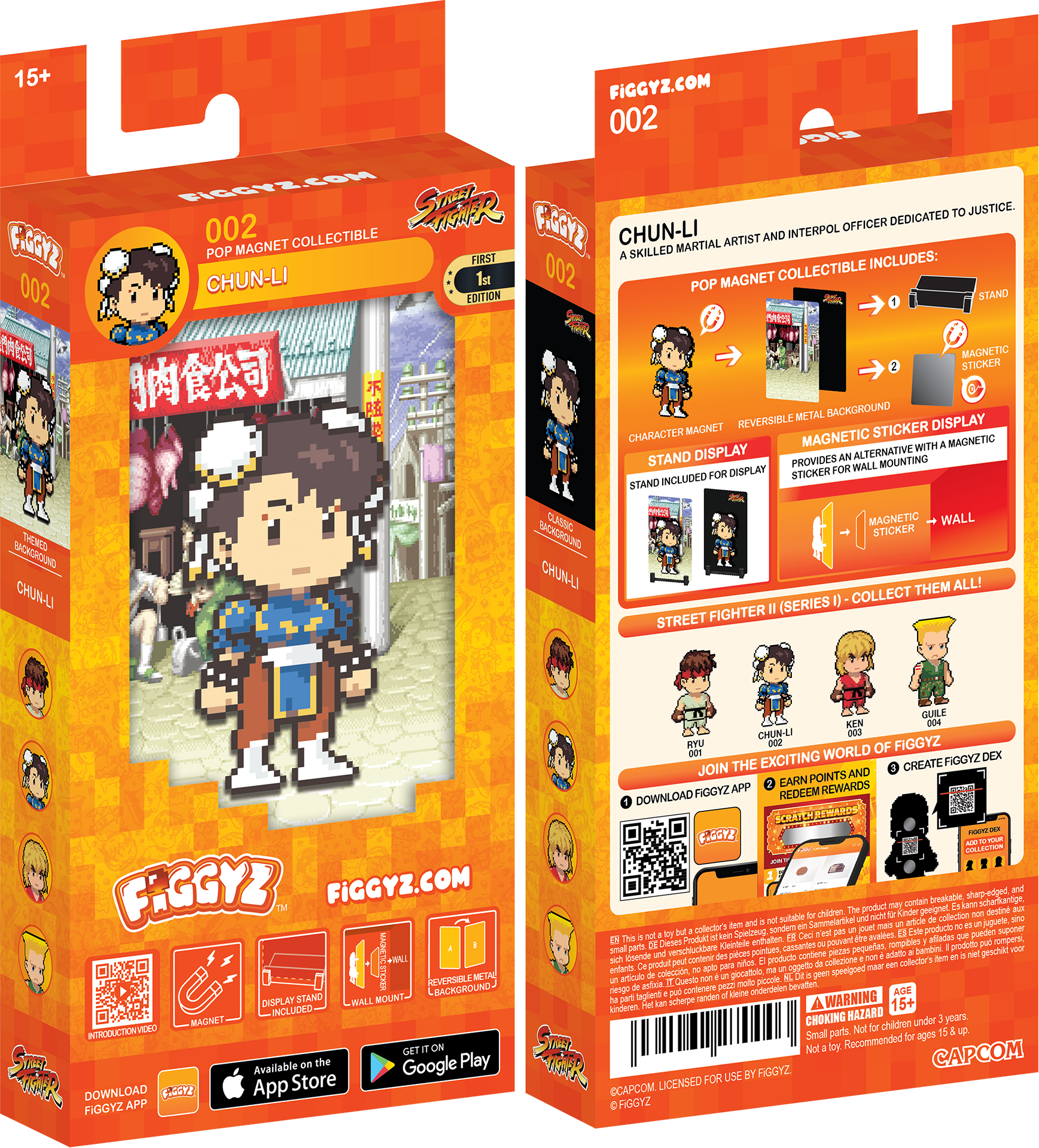 15+ FIGGYZ.COM 002  
LOM FIGCYZ STMET JUSTICE. OFFICER DEDICATED FIGGY2 002 POP MAGNET COLLECTIBLE FAGGY2 CHUN-LI SKILLED MARTIAL ARTIST AND INTERPOL OFFICER DEDICATED TO JUSTICE.  
FIRST EDITION INCLUDES:  
CHUN-LI 1 002 MAGNET COLLECTIBLE 002 POP EDITION STAND  
MAGNETIC STICKER 9 BACKGROUND MAGNET REVERSIBLE DISPLAY CHARACTER MAGNETIC STICKER WITH MAGNETIC STAND DISPLAY ALTERNATIVE PROVIDES WALL MOUNTING FOR DISPLAY STICKER FOR STAND INCLUDED  
THCAOD BCCUN CHUN-LI CLASSIC BACKSROUD CHUN-LI MA MAGNETIC WALL STICKER  
THEM ALL! COLLECT FIGHTER (SERIES STREET FAGGYZ FIGGYZ.COM  
REVERSIBU METAL STAND BACKGROUND DISPL WALL MOUNT INCLUDED MAGART INTRODUCTON VILEO i Available Google Play VietR App Store DOWNLOAD OOT FIGGYZ APP CUILA CHUN-LI OF FIGGYZ EXCITING WORLD