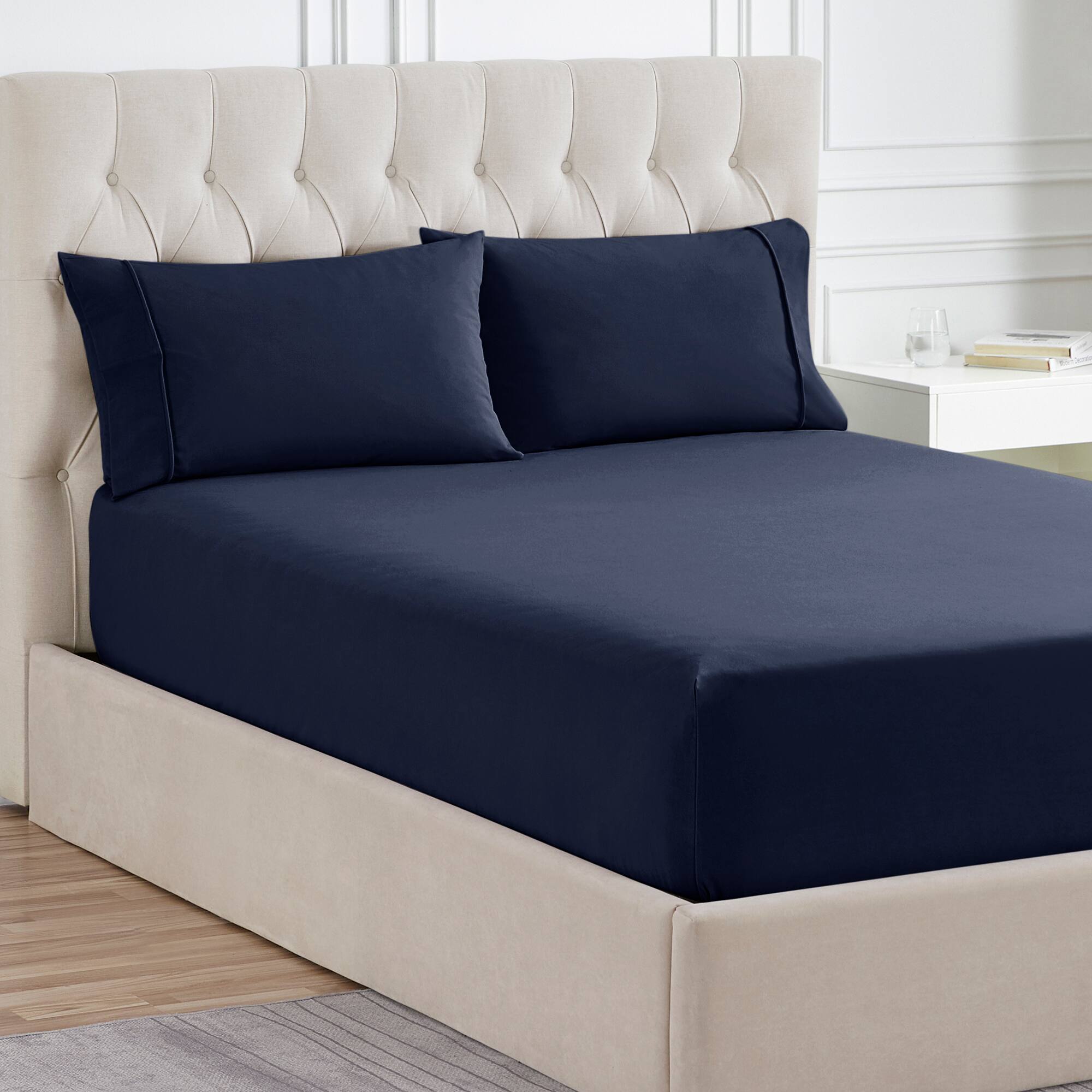 Left. Sweet Home Collection - Solid Flannel Fitted Sheet, Bottom Sheets with Built in Sheet Straps, King - Navy.