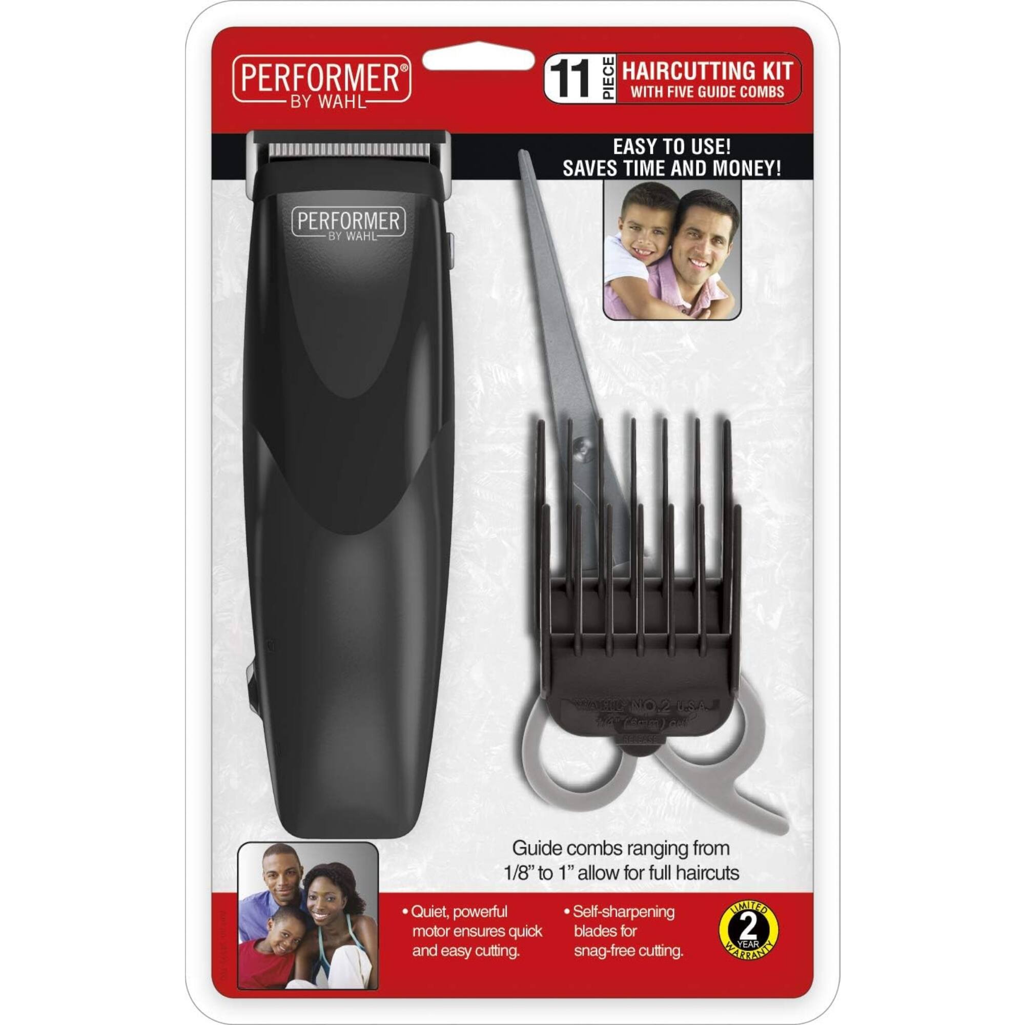 PERFORMER BY WAHL 11 PIECE HAIRCUTTING KIT WITH FIVE GUIDE COMBS

EASY TO USE! SAVES TIME AND MONEY!

Guide combs ranging from 1/8" to 1" allow for full haircuts

- Quiet, powerful motor ensures quick and easy cutting.
- Self-sharpening blades for snag-free cutting.

2 YEAR WARRANTY