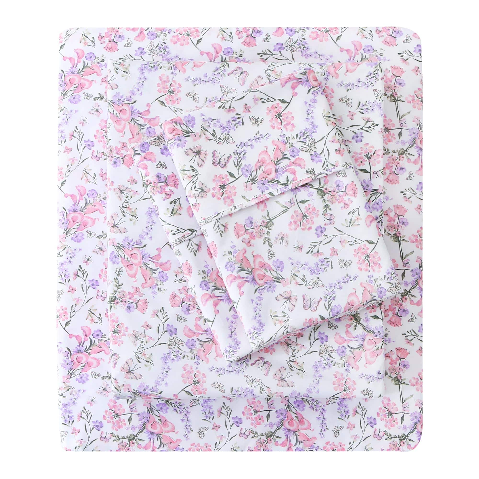 Skar Audio - Floral Queen Sheets Soft Breathable Microfiber Vintage Printed Bed Sheet Set Deep Pocket Non-slip Fitted In - Pink Purple Flowers Queen