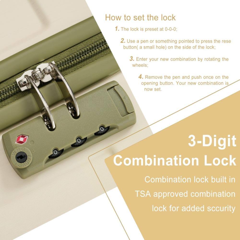 How to set the lock

1. The lock is preset at 0-0-0;
2. Use a pen or something pointed to press the reset button (a small hole) on the side of the lock;
3. Enter your new combination by rotating the wheels;
4. Remove the pen and push once on the opening button. Your new combination is now set.

3-Digit Combination Lock

Combination lock built in TSA approved combination lock for added security