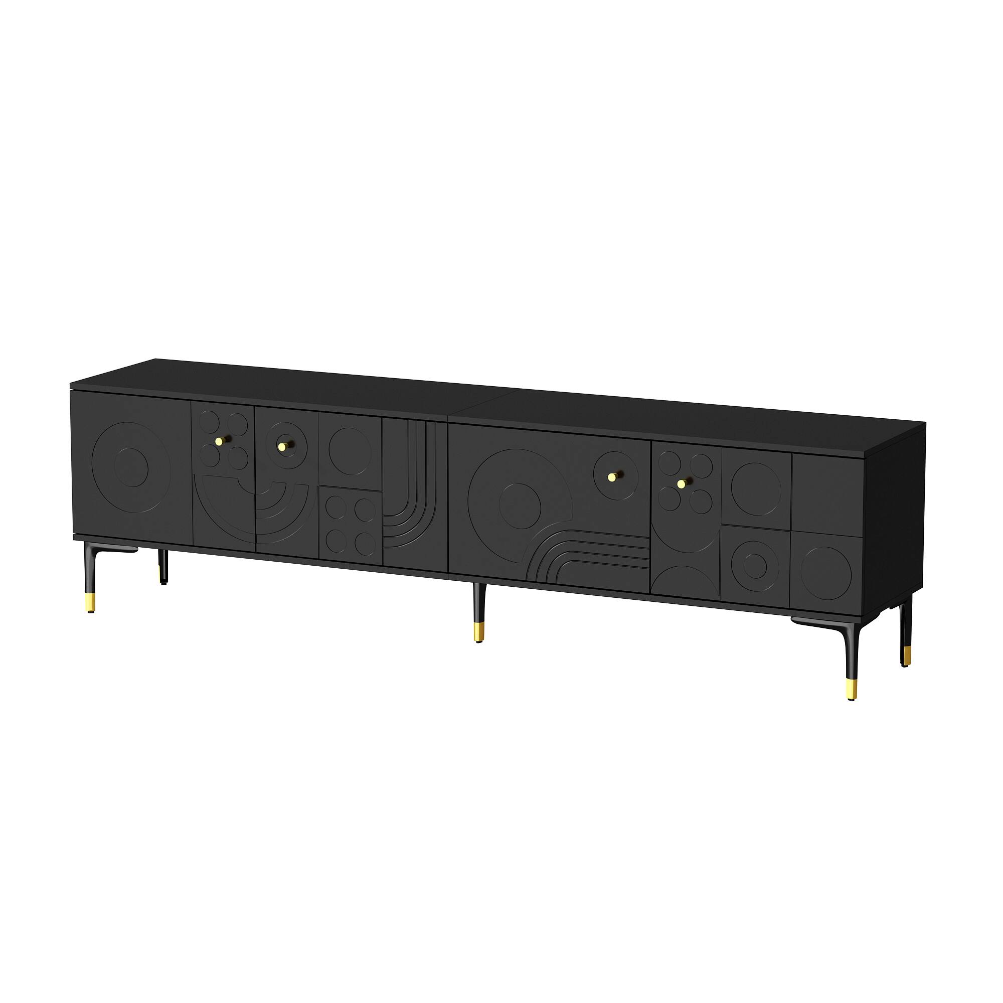 Angle. Famapy - Famapy Retro - Modern TV Stand: Press - Open Doors & Patterned Flair - Black.