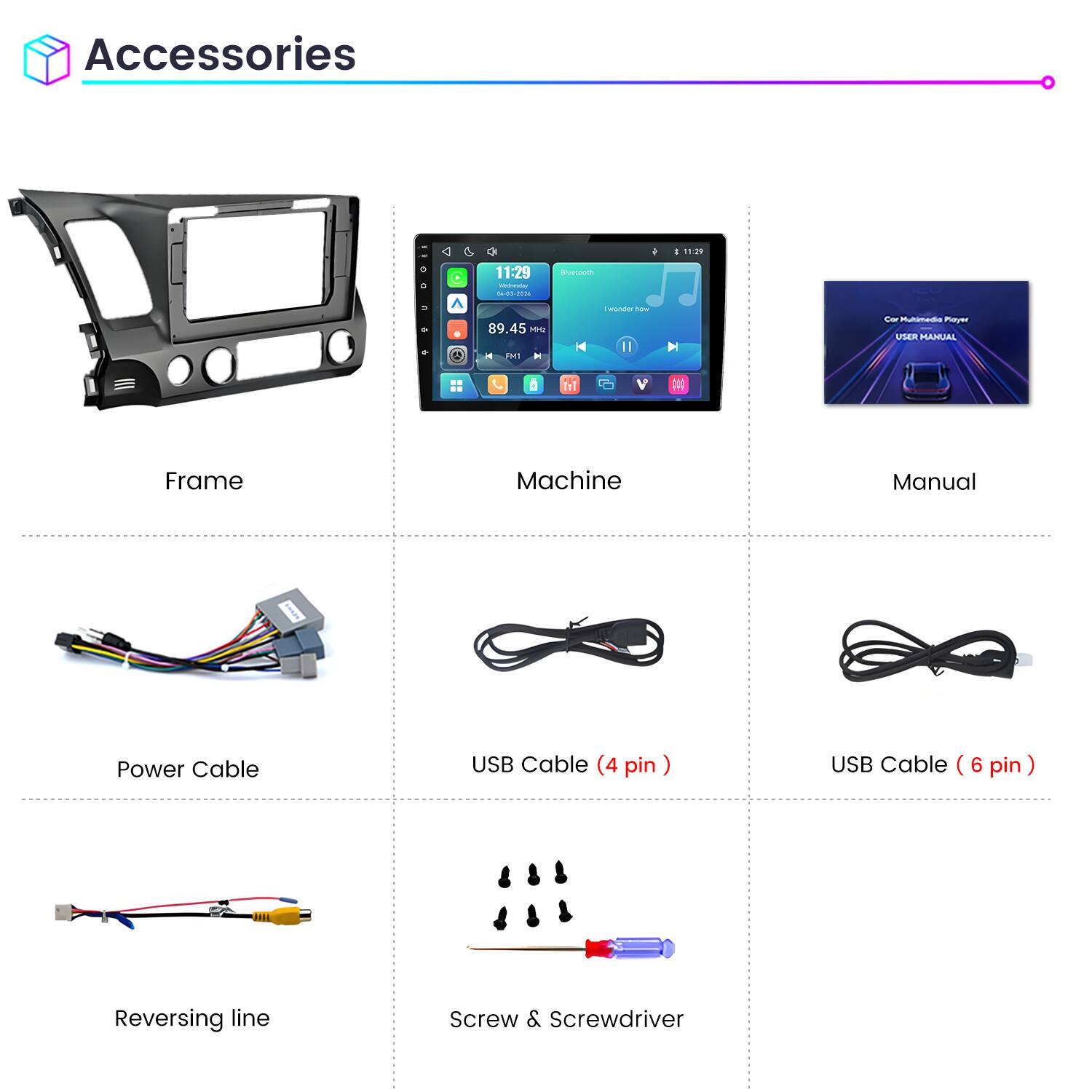 Accessories

11:29 WeineSey 04-03-2026

Bluetooth
89.45 Miz
wonder how

Cor Multimedia Player USER MANUAL
M1
11
V

Frame
Machine
Manual
Power Cable
USB Cable (4 pin)
USB Cable (6 pin)
Reversing line
Screw & Screwdriver