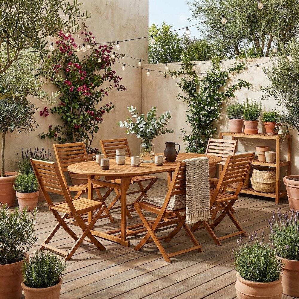 Alt View 3. Outdoor Escape - 7-Piece Outdoor Patio Dining Set with Oval Acacia Wood Table and 6 Chairs - Brown.