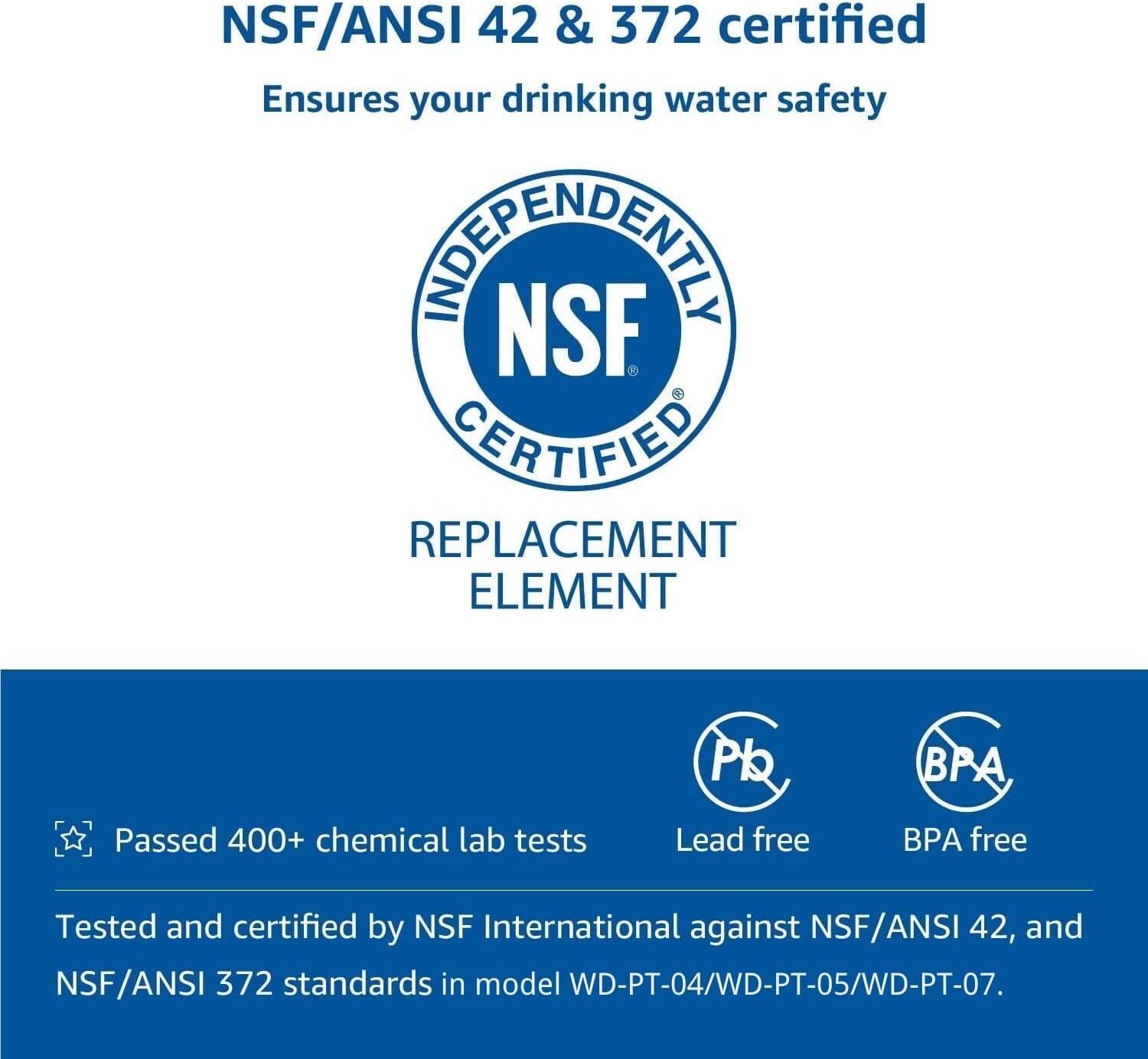 NSF/ANSI 42 & 372 certified  
Ensures your drinking water safety  

INDEPENDENTLY  
NSF CERTIFIED  

REPLACEMENT ELEMENT  

Passed 400+ chemical lab tests  
Lead free  
BPA free  

Tested and certified by NSF International against NSF/ANSI 42, and NSF/ANSI 372 standards in model WD-PT-04/WD-PT-05/WD-PT-07.