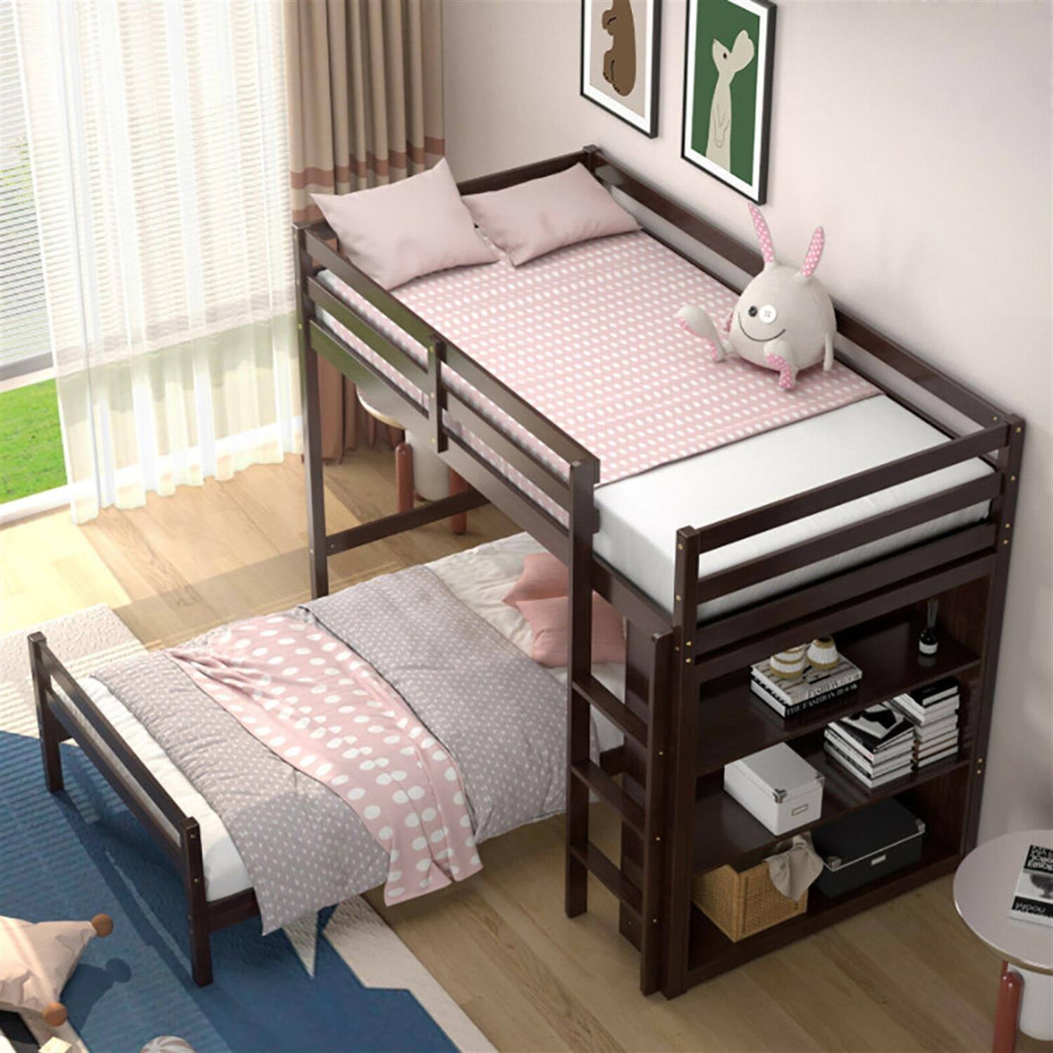 Alt View 4. Pefilos - Twin Over Twin Loft Bunk Bed with Bookcase, Space-saving Solid Wood House Bed Frame - Brown.
