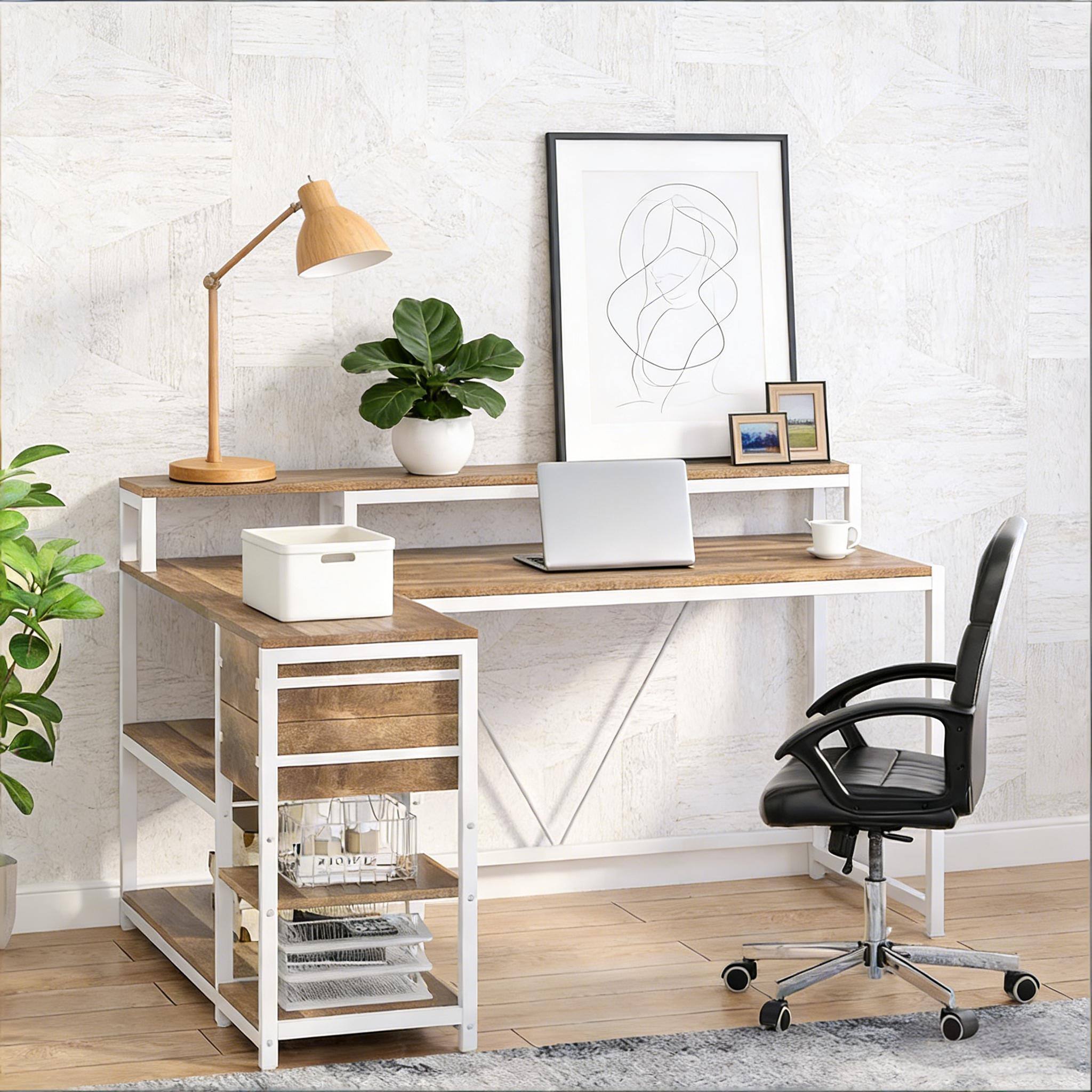 Back. Forest'nSky - L-Shaped Computer Writing Desk for Home Office with Spacious Work Surface,Oak - Oak.