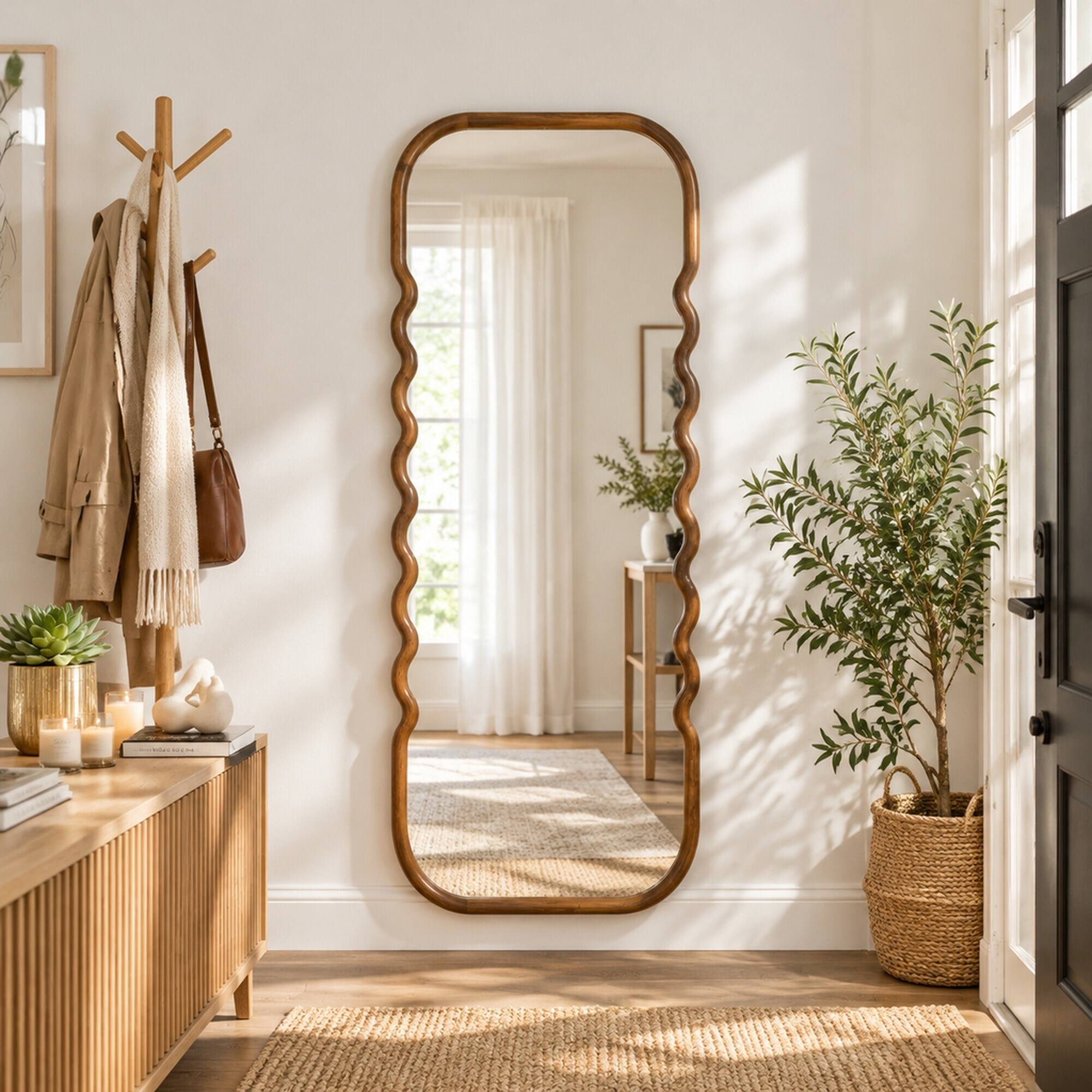 Left. RYHNUYNE - Oversized Full-Length Floor Mirror, 74 in Tall, Pine Wood Frame, Curved Dark Brown Design, Wall or Floor Display - Brown.