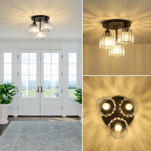 Back. LUCKY ONE - 10.6in Semi Flush Mount Crystal Ceiling Light, 3-Light Modern Black Fixture for Kitchen Hallway Bedroom - Black.
