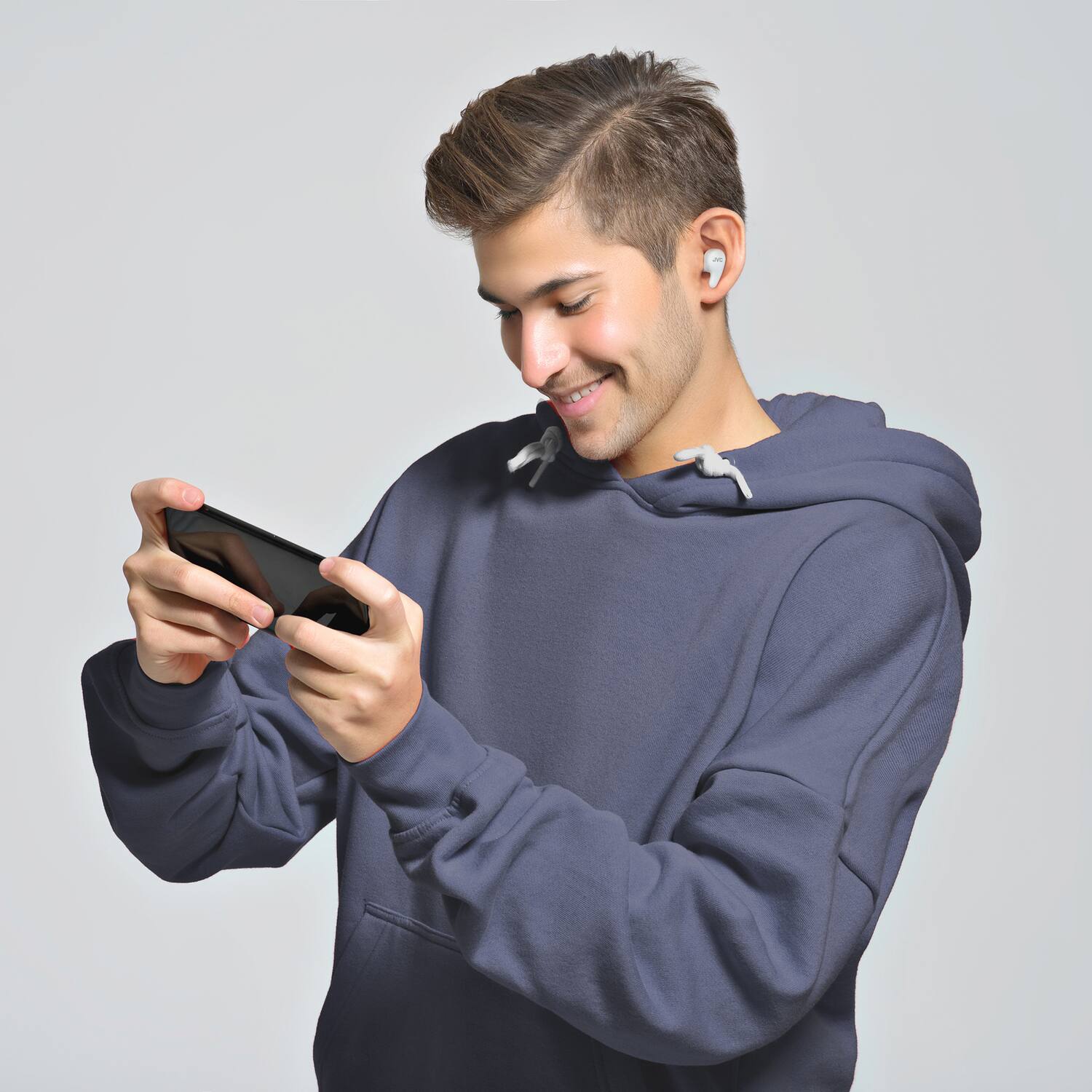 Back. JVC - Jvc Gumy Premium Bluetooth Earbuds With Microphone, Active Noise Canceling, True Wireless With Charging Case - White.