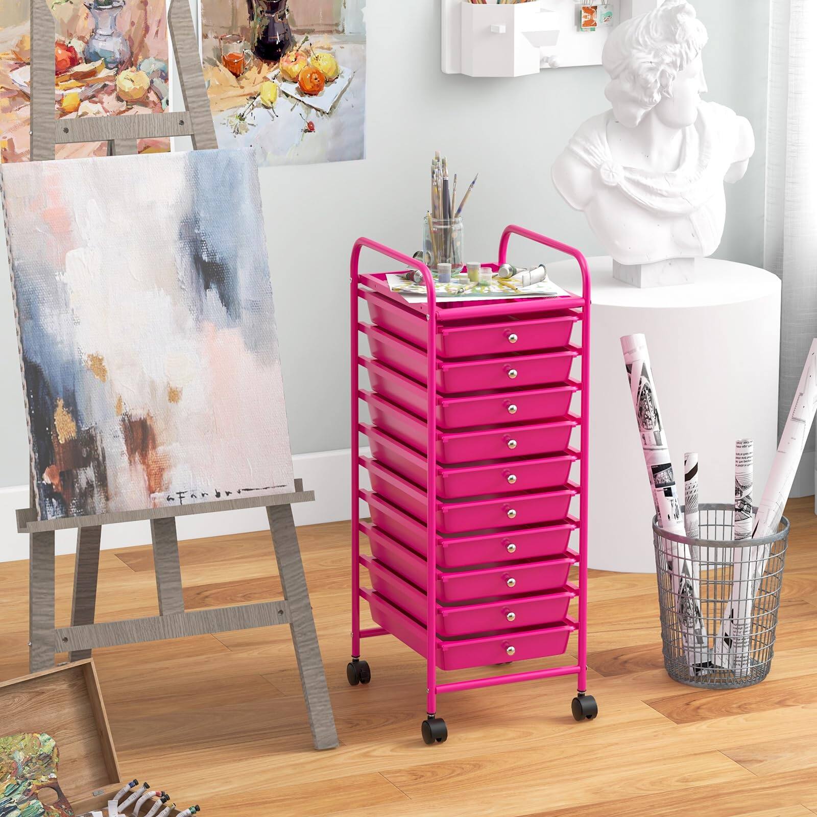 Alt View 7. Ecooso - 10-Drawer Rolling Storage Cart with Universal Casters, Mobile Drawer Organizer for Craft Room and Home Storage - Pink.