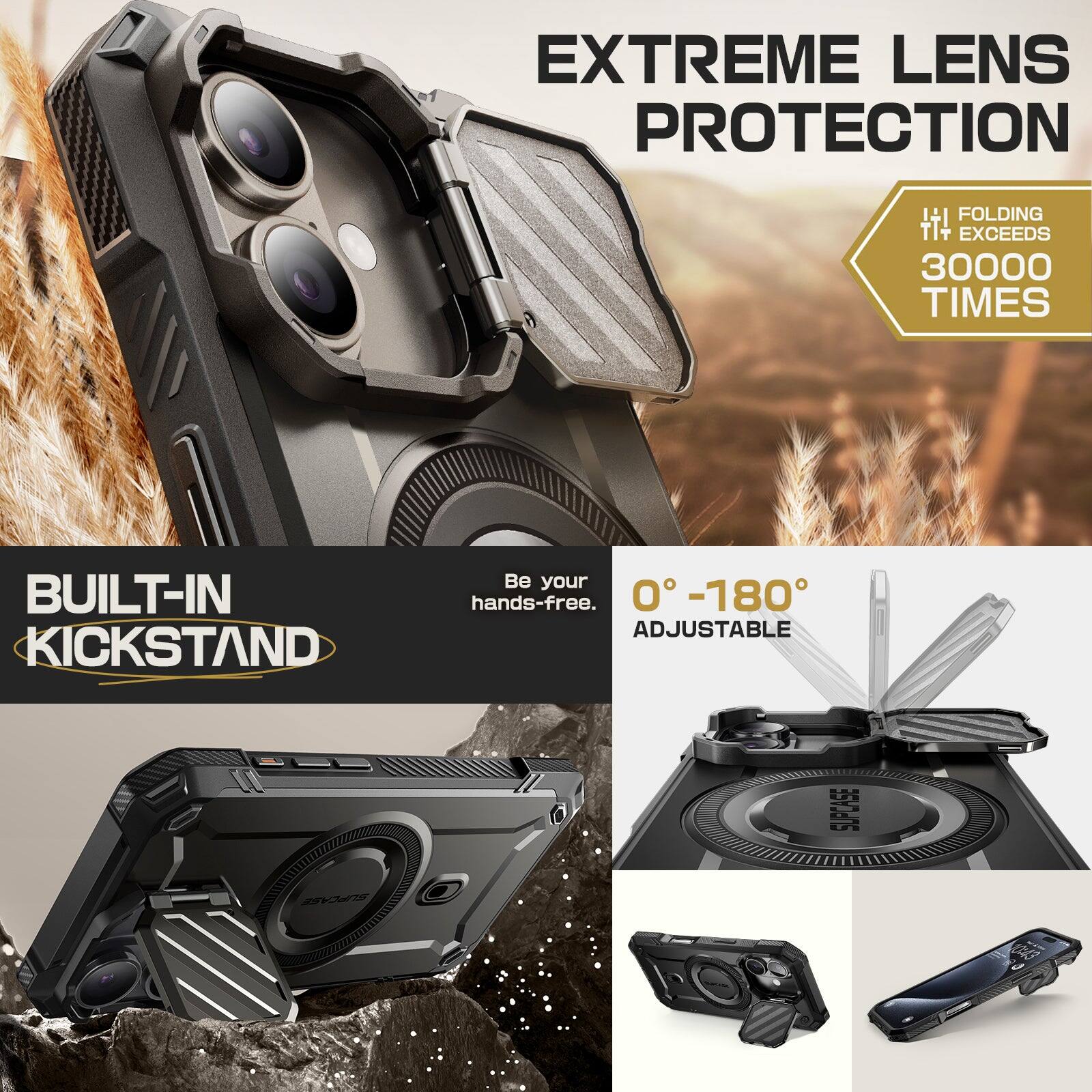 EXTREME LENS PROTECTION +1 FOLDING TT+ EXCEEDS 30000 TIMES BUILT-IN KICKSTAND. Be your hands-free. 0°-180° ADJUSTABLE. SUPCASE EVCat.