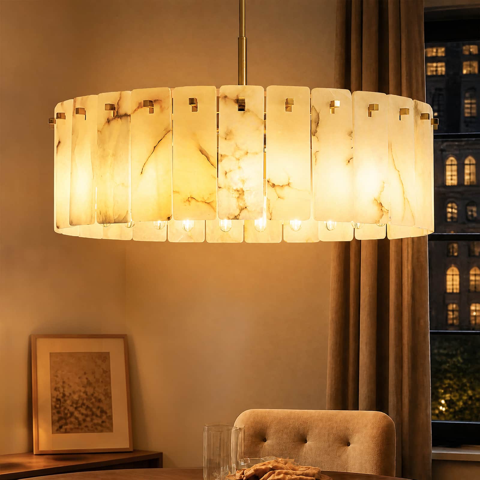 Siljoy - 31.5 Modern Drum Chandelier Spanish Alabaster Natural Stone Panel Pendant Light for Dining Room Living Room - Gold Brass