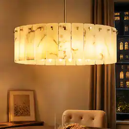 Siljoy - 31.5 Modern Drum Chandelier Spanish Alabaster Natural Stone Panel Pendant Light for Dining Room Living Room - Gold Brass