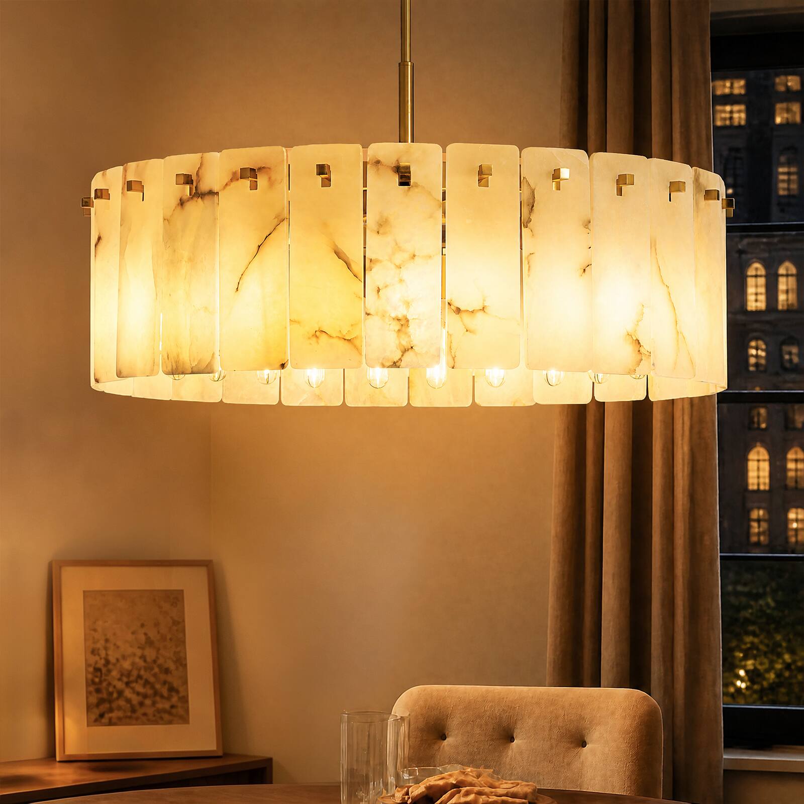Front. Siljoy - 31.5 Modern Gold Brass Drum Chandelier Spanish Alabaster Natural Stone Panel Pendant Light for Dining Room Living Room - Gold Brass.