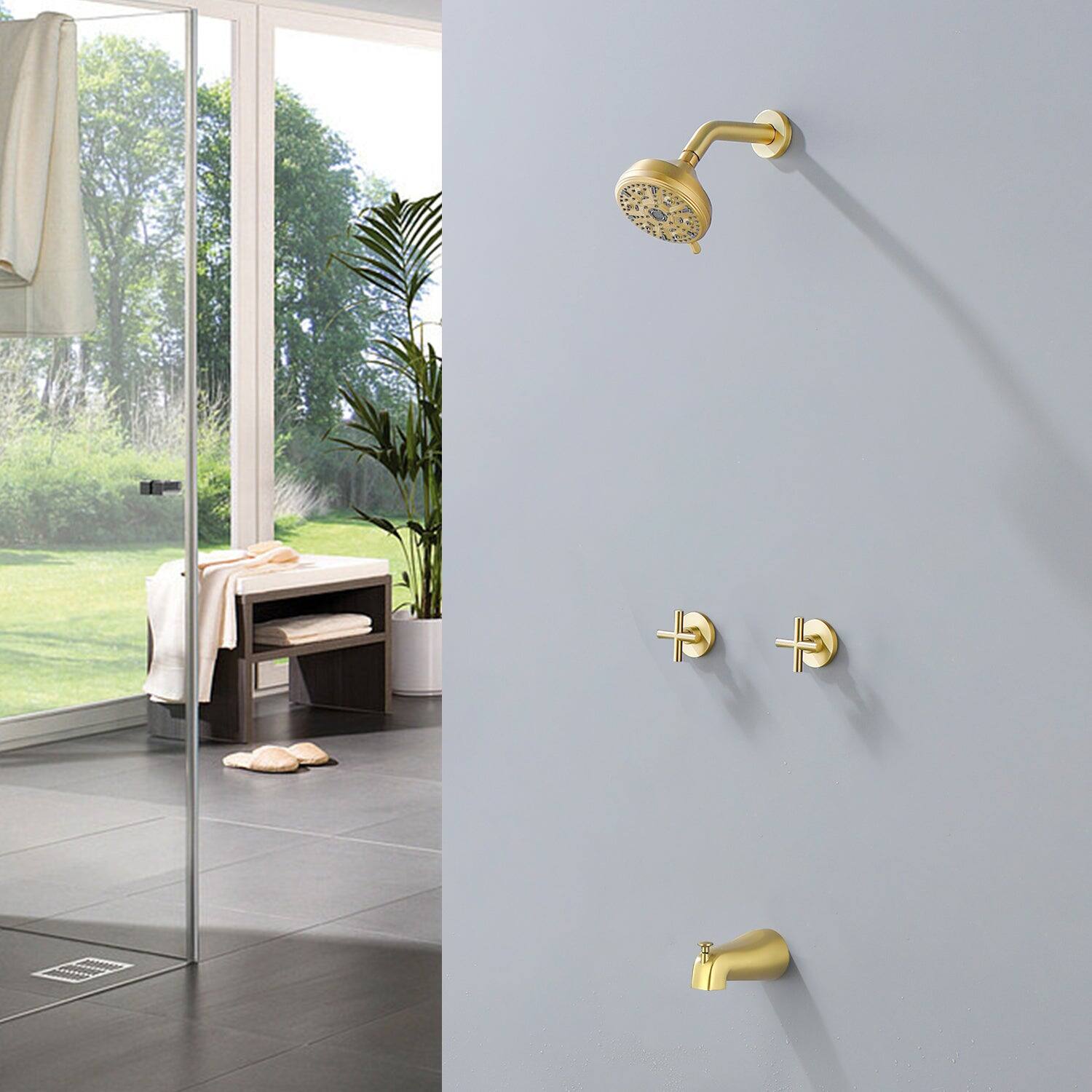Alt View 4. Boyel Living - Brushed Gold Shower Set with Dual Handles and 10 Function ABS Overhead Shower - Brushed Gold.