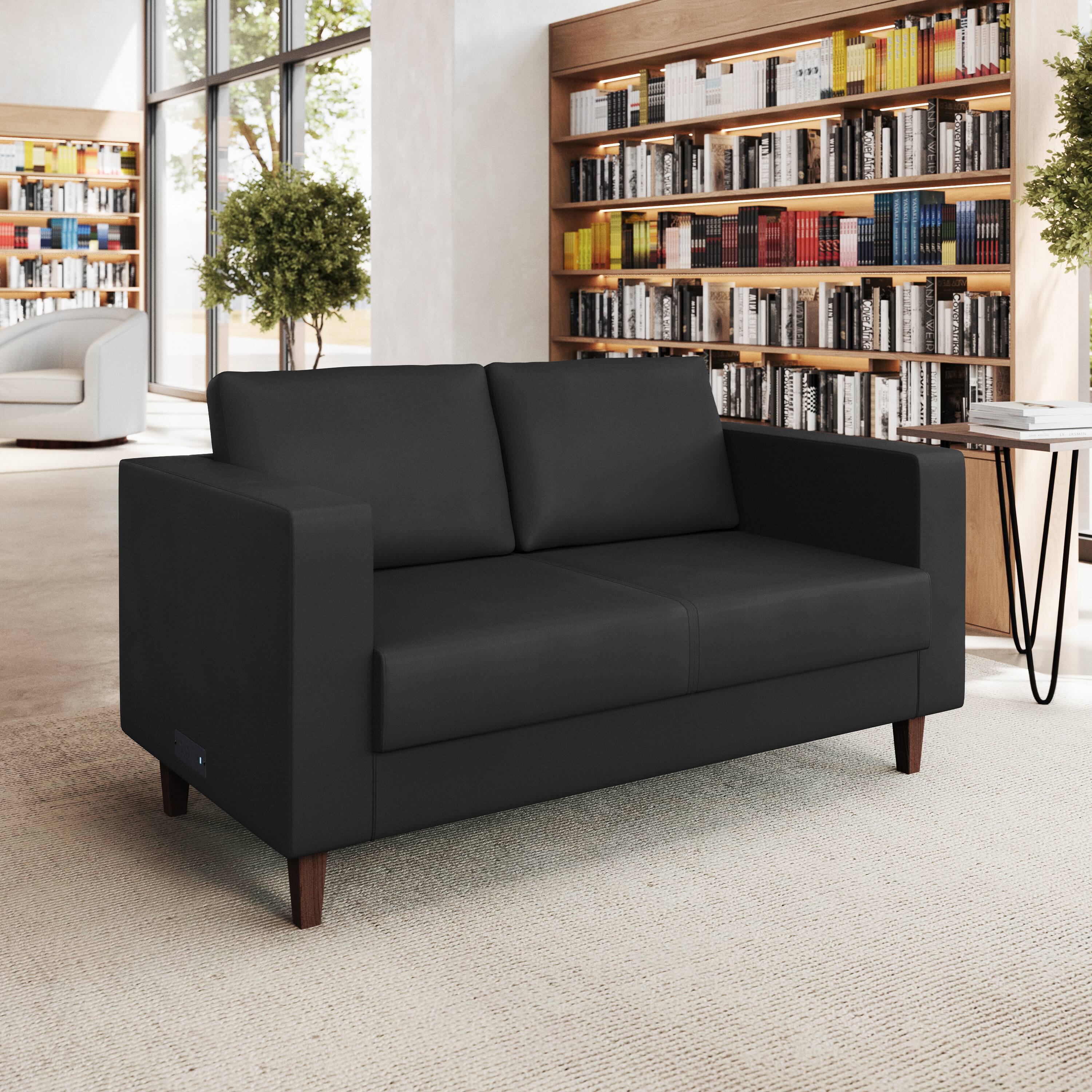 Alt View 1. Flash Furniture - HERCULES Artemis Black LeatherSoft Reception Loveseat with 2 AC Outlets/1 USB/1 USB-C Ports and Solid Wood Walnut Legs w - Black.