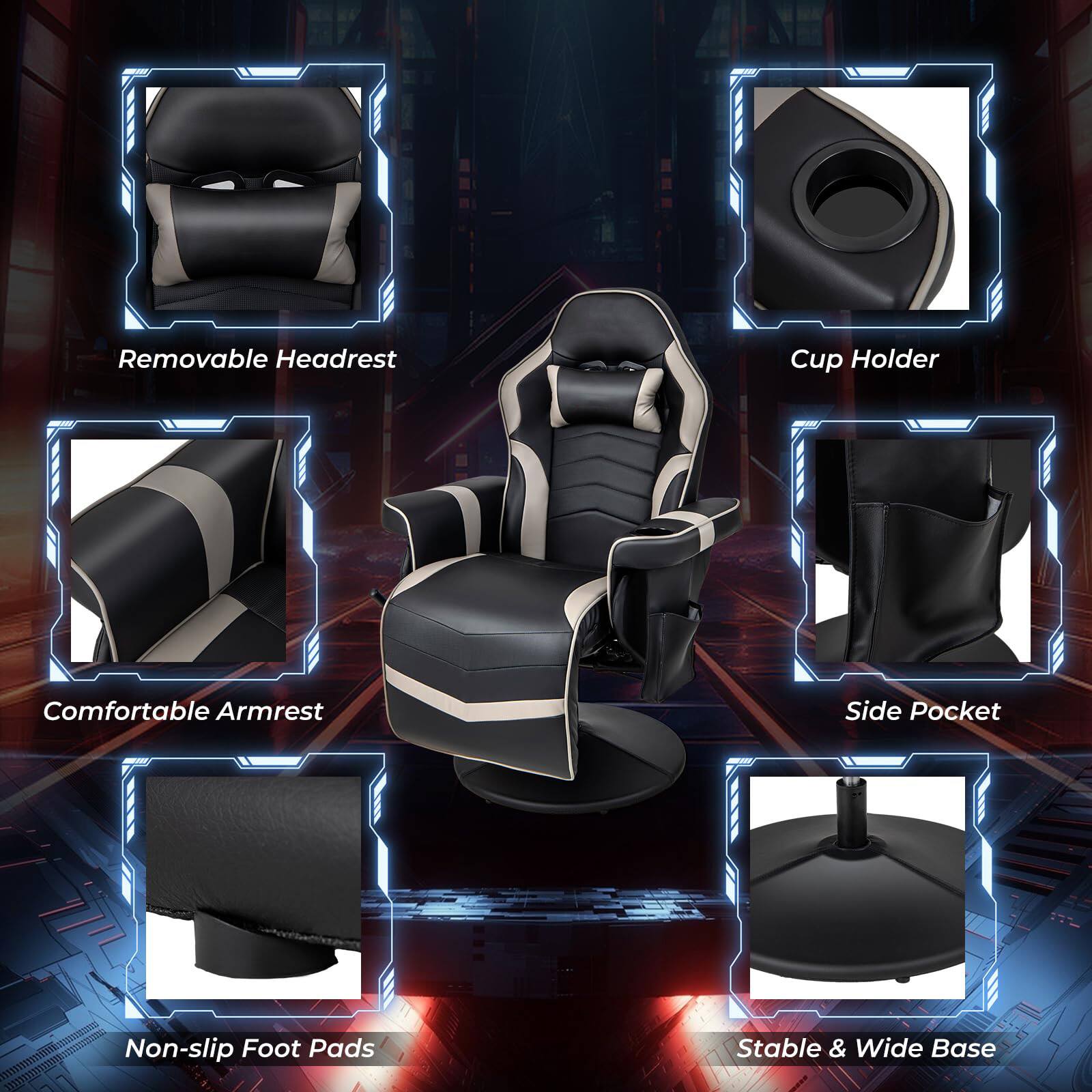 Removable Headrest Cup Holder Comfortable Armrest Side Pocket Non-slip Foot Pads Stable & Wide Base