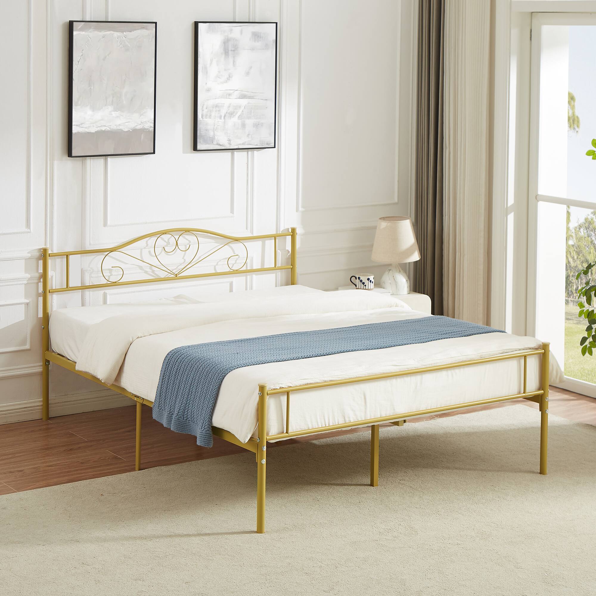 Back. Vecelo - 14" Full Metal Bed Frame with Headboard&Footboard, Heavy Duty Steel Slats, No Box Spring, Gold-Easy Assembly - Gold.