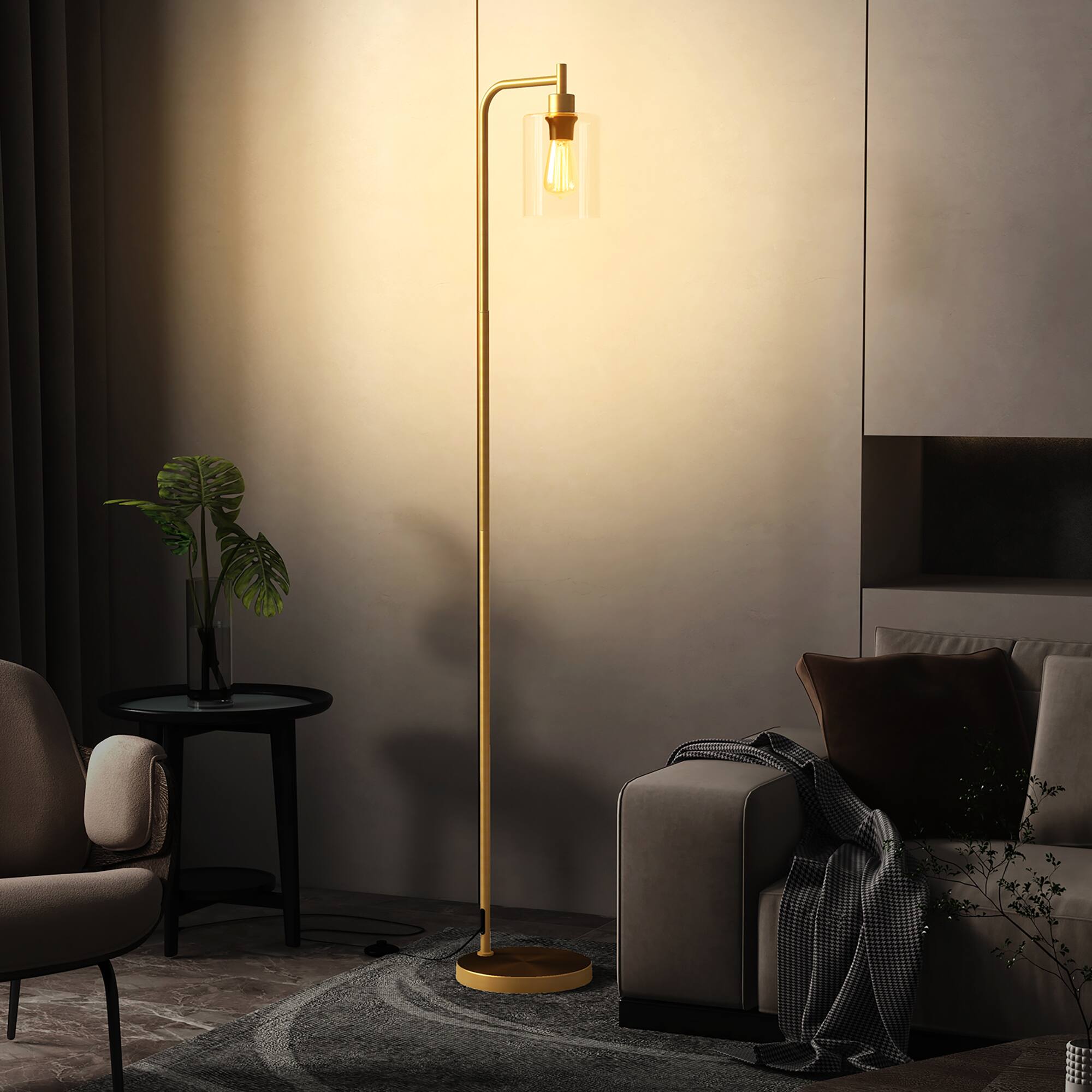 Alt View 3. Gymax - Gymax Industrial Floor Lamp w/ Hanging Glass Lampshade and Foot Switch Modern - Gold.