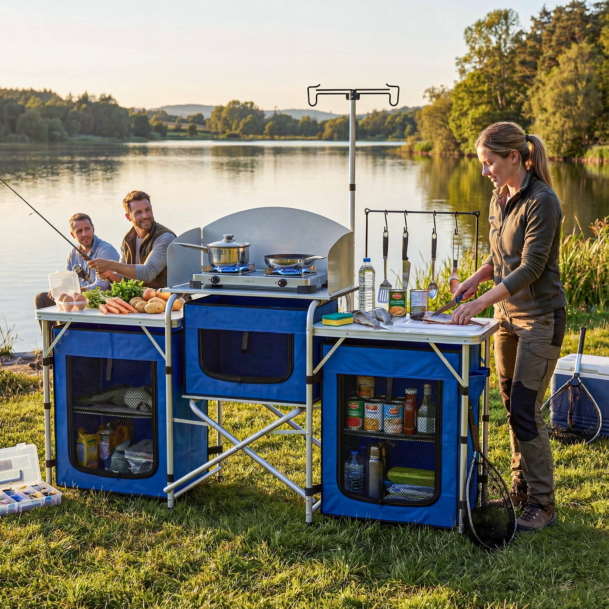 Alt View 8. Outsunny - Camping Kitchen, Portable Folding Camping Table with Fabric Cupboards, Windshield, Bag for BBQ - Blue.