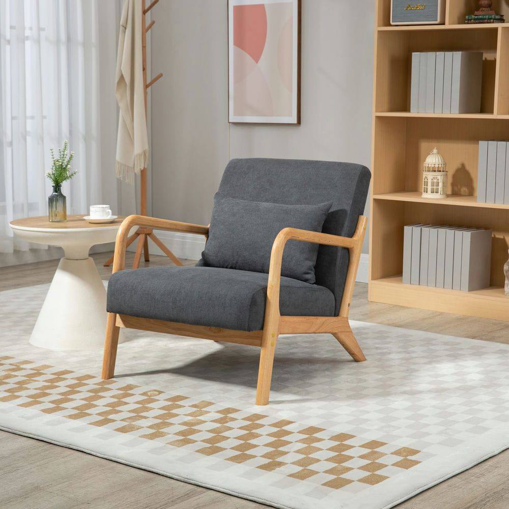 Alt View 4. Kadyn - Mid Century Modern Accent Chair with Wood Frame & Waist Cushion, Upholstered Reading Armchair for Living Room, Gray - Gray.