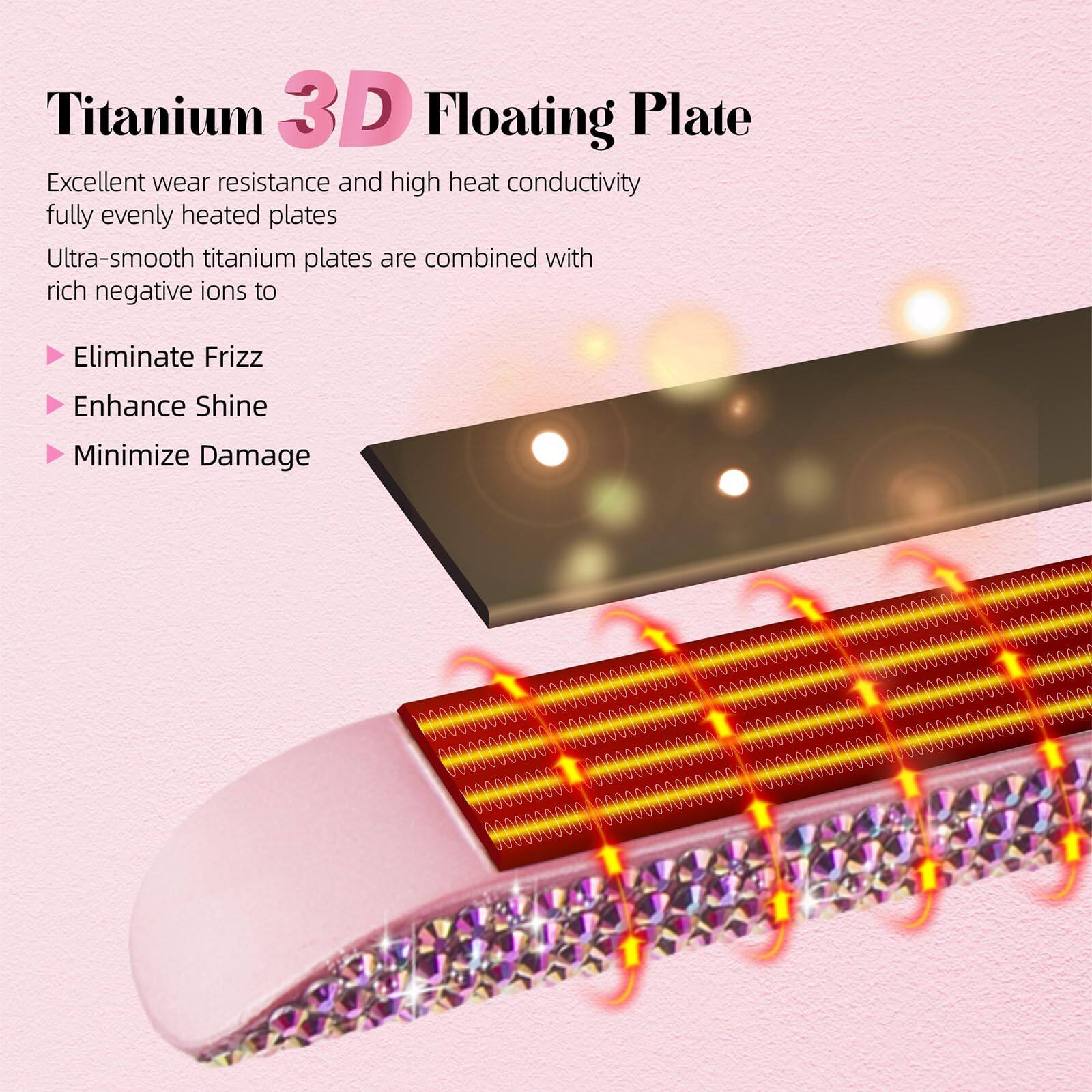 Titanium 3D Floating Plate

Excellent wear resistance and high heat conductivity fully evenly heated plates

Ultra-smooth titanium plates are combined with rich negative ions to

- Eliminate Frizz
- Enhance Shine
- Minimize Damage