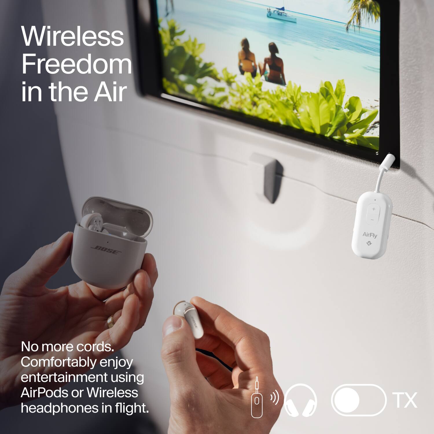 Wireless Freedom in the Air

No more cords. Comfortably enjoy entertainment using AirPods or Wireless headphones in flight.

AirFly

TX
