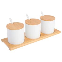 Gibson - Gracious Dining 10 Piece Fine Ceramic Condiment Jars with Bamboo Lids and Spoons - White