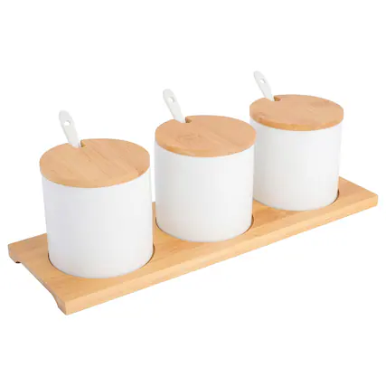 Front. Gibson - Gibson Gracious Dining 10 Piece Fine Ceramic Condiment Jars with Bamboo Lids and Spoons in White - White.