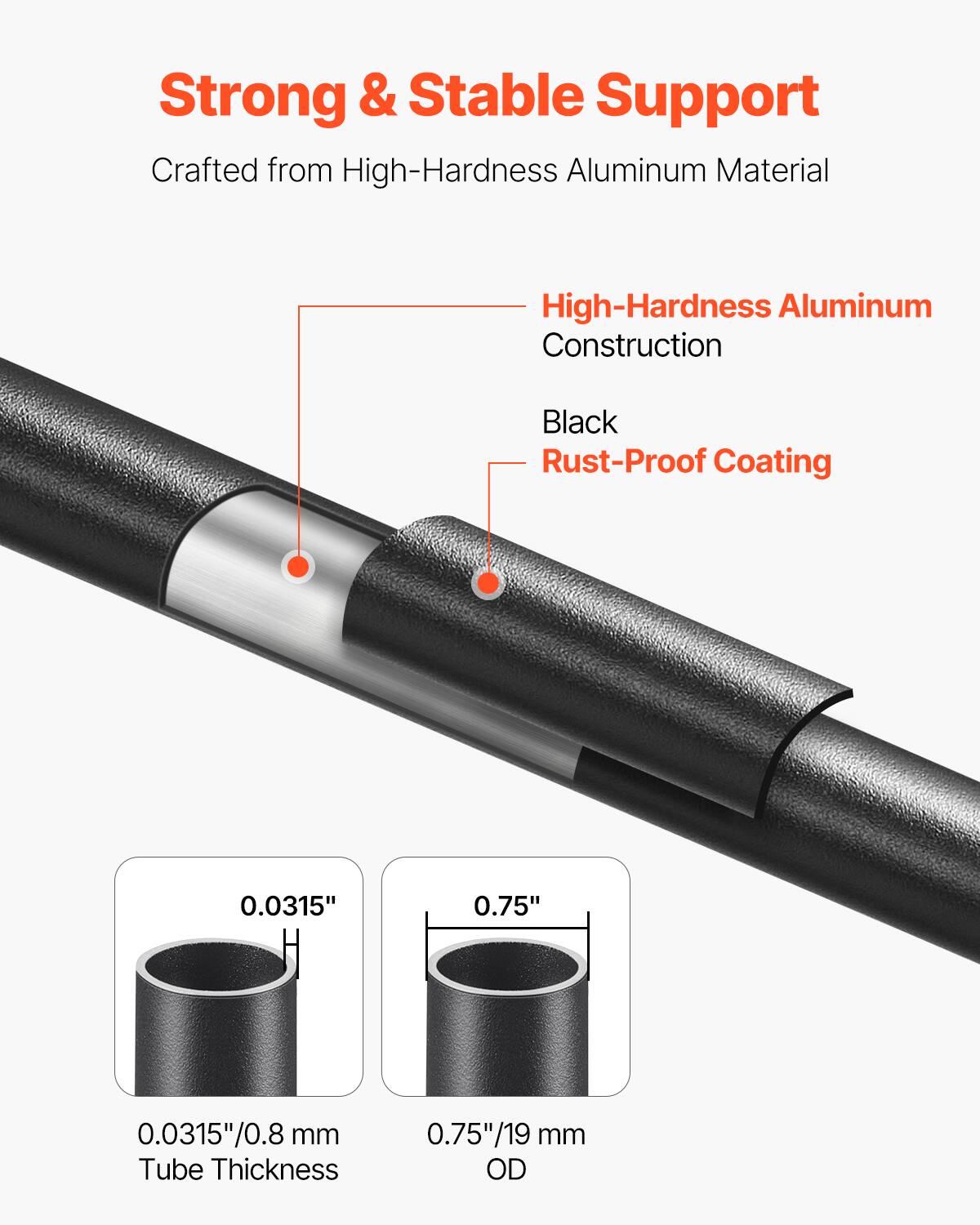 Strong & Stable Support, Crafted from High-Hardness Aluminum Material, High-Hardness Aluminum Construction, Black, Rust-Proof Coating, 0.0315"/0.8 mm Tube Thickness, 0.75"/19 mm OD