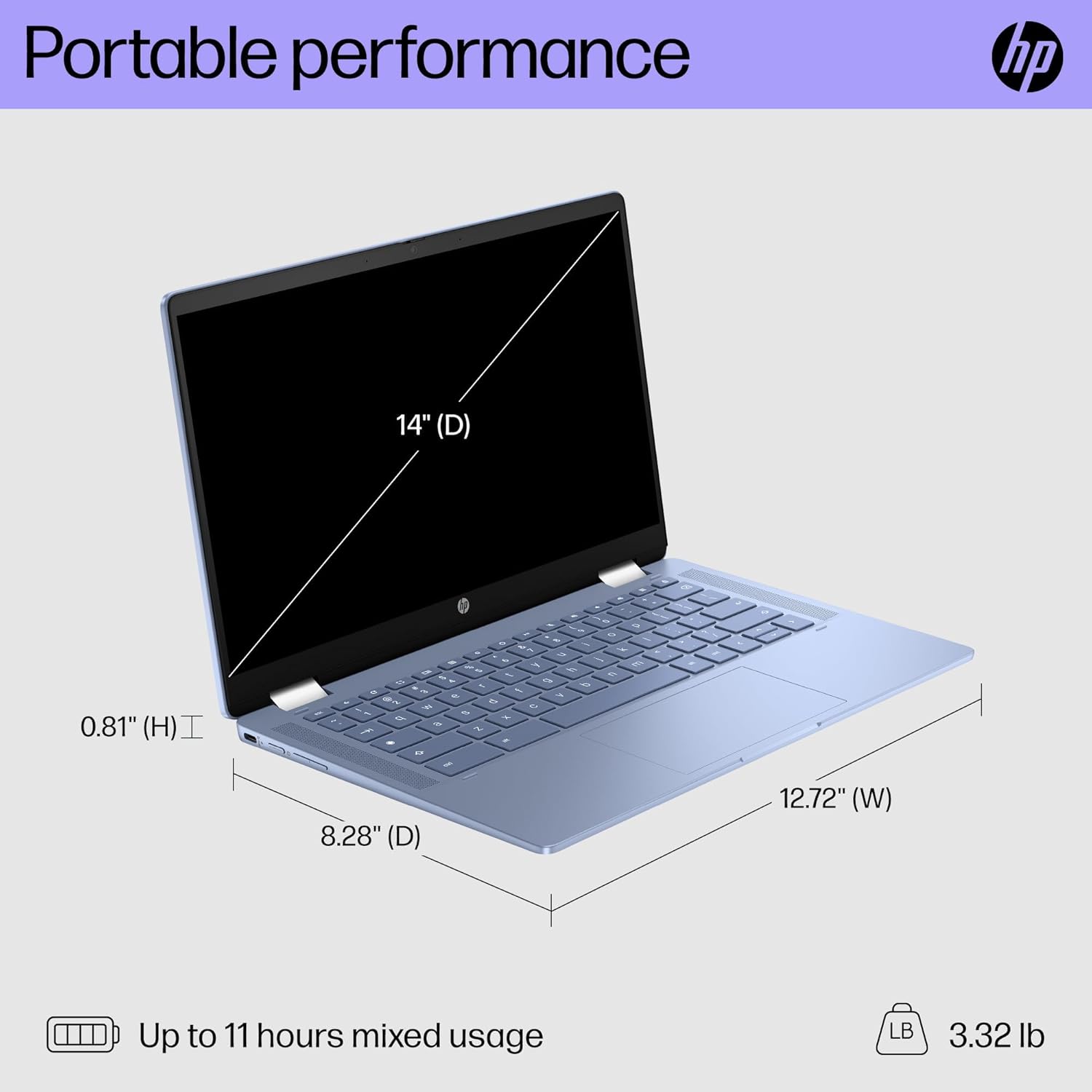 Portable performance  
14" (D)  
0.81" (H)  
8.28" (D)  
12.72" (W)  
Up to 11 hours mixed usage  
3.32 lb