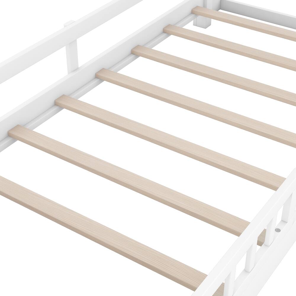 Alt View 9. Loheer - Loheer Twin Size Platform Bed, Wood Twin Bed with Built-in LED Light, Storage Headboard and Guardrail, White - White.