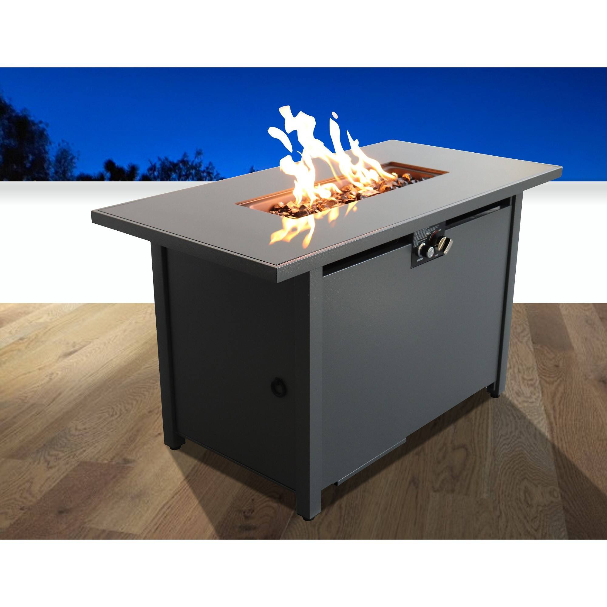 Front. Mondawe - 43" Smoked Glass Metal Rectangle Fire Pit - Gray.