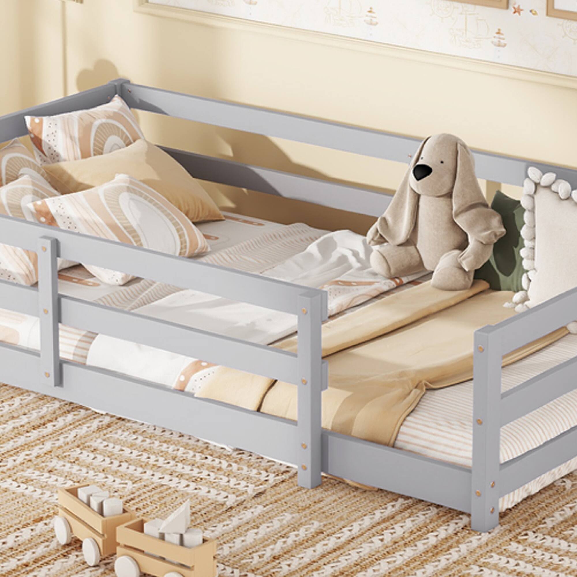 Alt View 5. GOODSILO - Twin Size Floor Bed for Kids with Safety Fence, Sturdy Wooden Montessori Style Bed Frame for Boys and Girls - Grey.