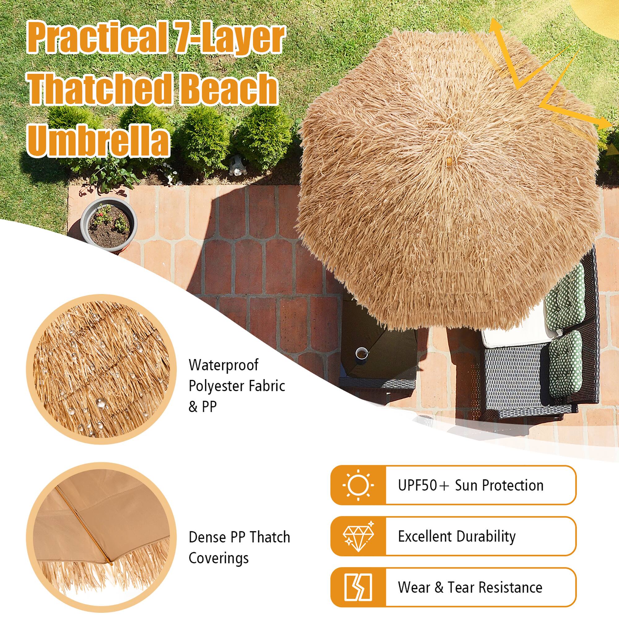 Practical 7-Layer Thatched Beach Umbrella

- Waterproof Polyester Fabric & PP
- Dense PP Thatch Coverings
- UPF50+ Sun Protection
- Excellent Durability
- Wear & Tear Resistance