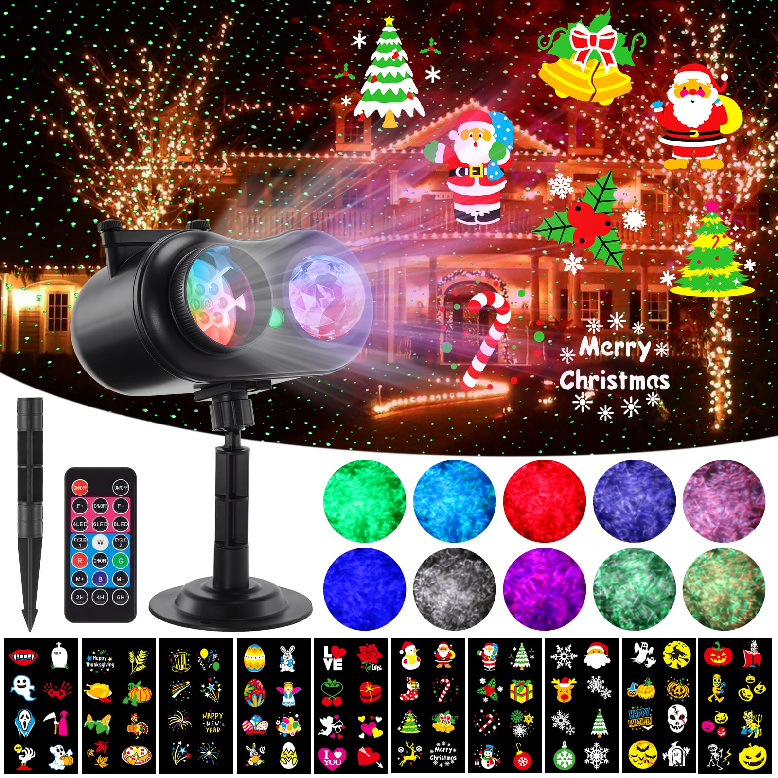 HAKUTA - 3-in-1 Wave Ocean Effect LED Projector with 10 Slides/80 HD Patterns for Christmas, New Year Decor - Black