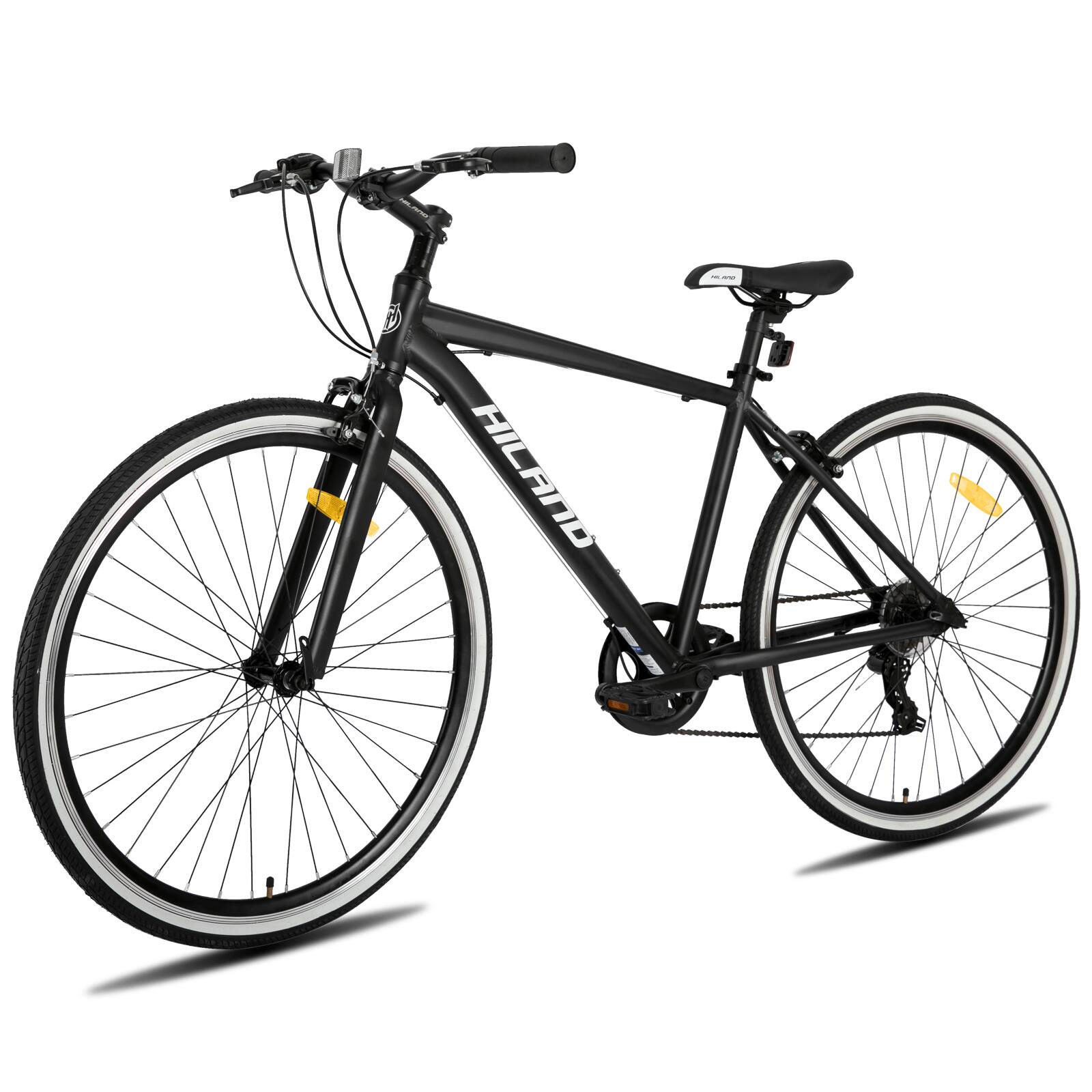 Left. HILAND - HILAND Flow 700C Adult Hybrid Bike, 7 Speeds Commuter Bicycle for Men Women, Aluminum Alloy Frame, Black - black.