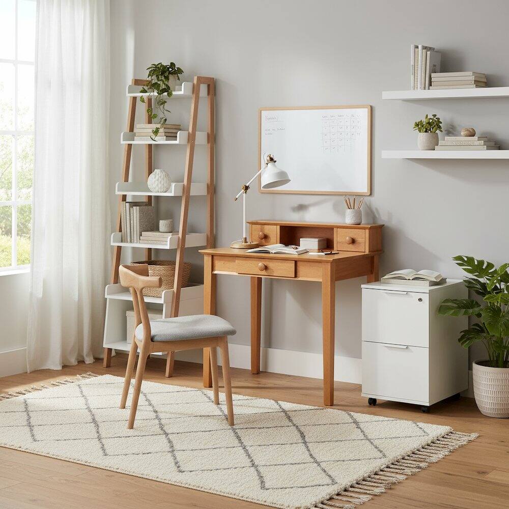 Alt View 2. FurniFact - Solid Wood Computer Desk With Hutch, Honey Brown Art Desk With Storage - Honey.