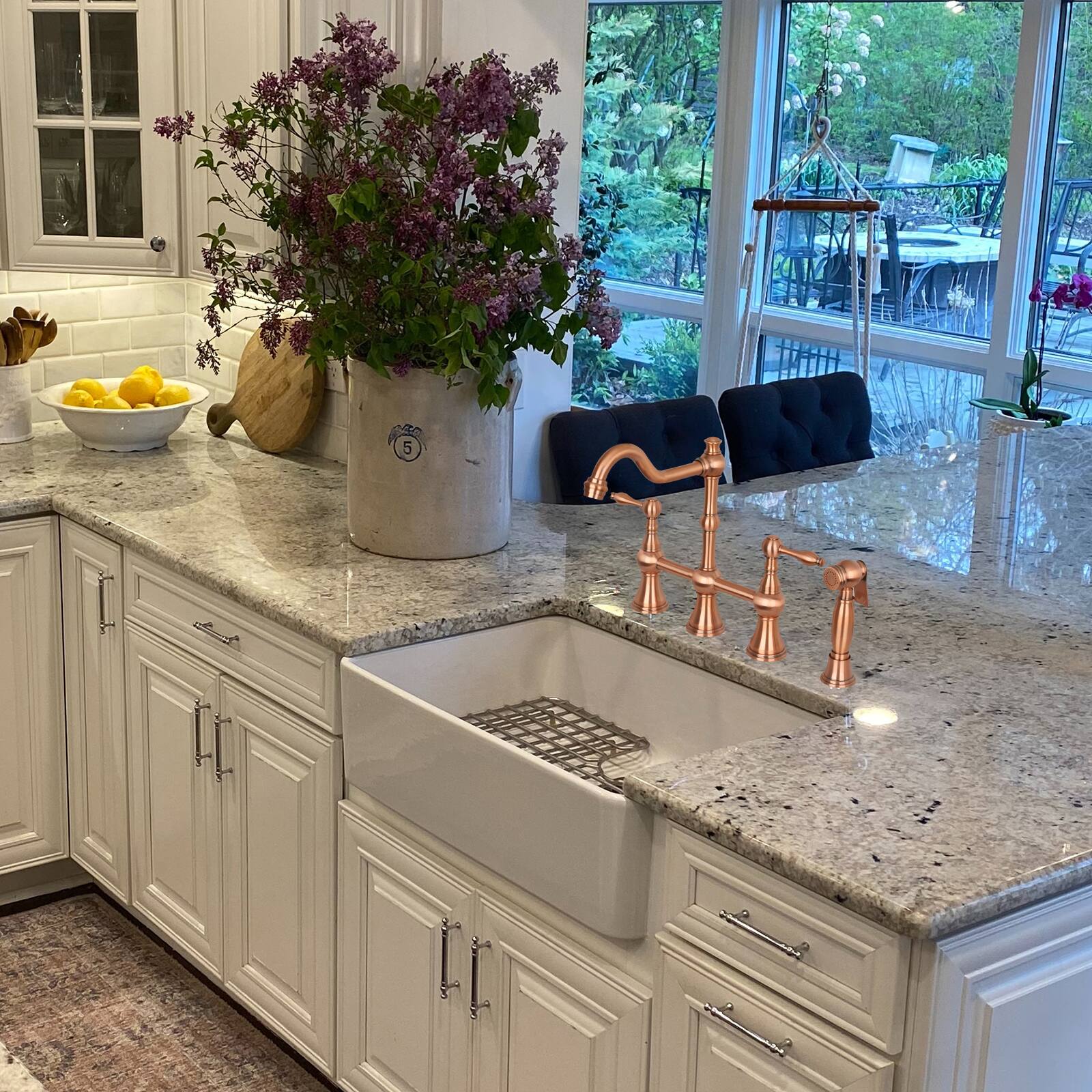 Alt View 4. Akicon - Akicon Solid Brass Bridge Kitchen Faucets with Side Sprayer 2 Lever Handles in Copper - Copper.