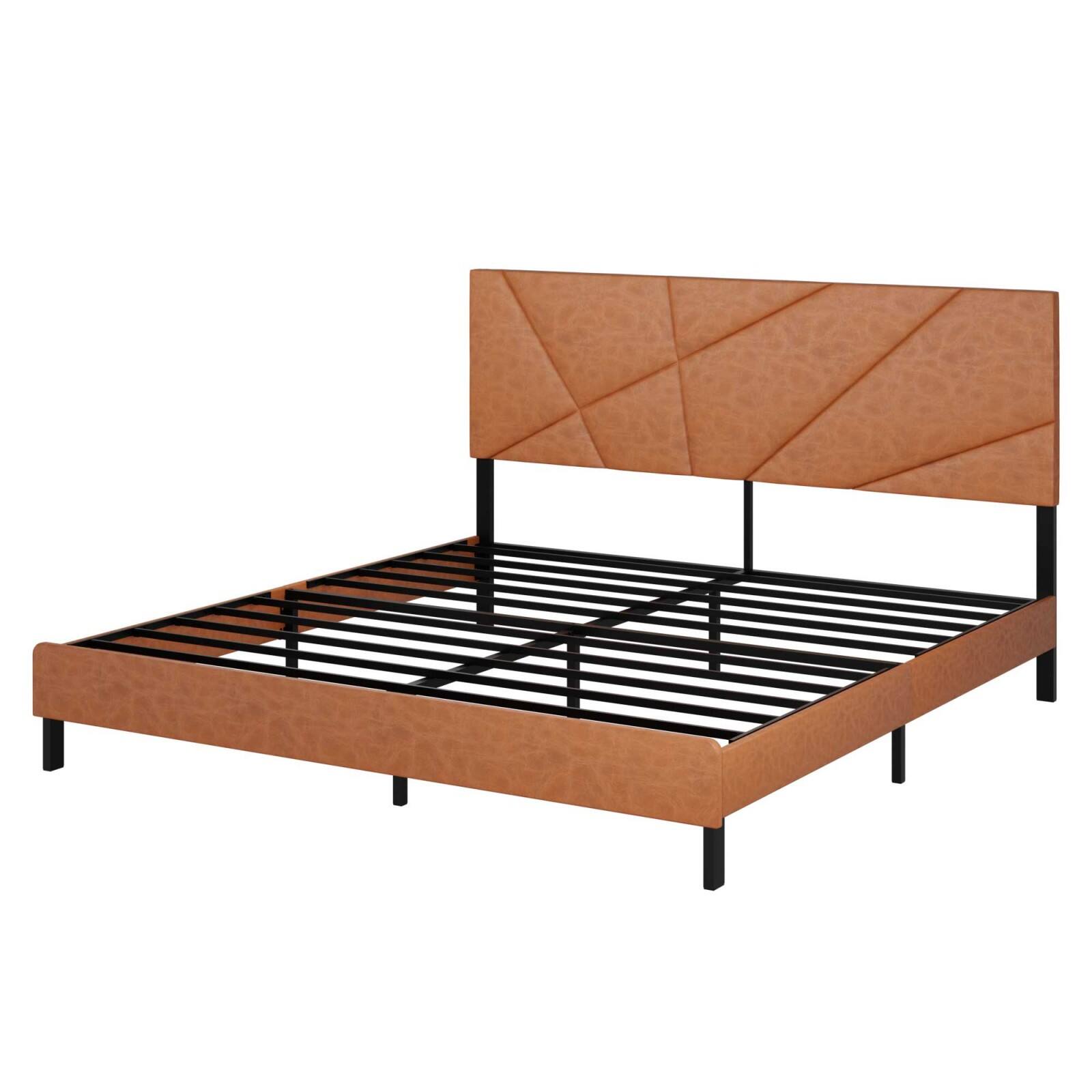 Front. Ecooso - King size metal bed frame, square platform bed with under-bed storage, no spring-loaded mattress required - Antique brown.