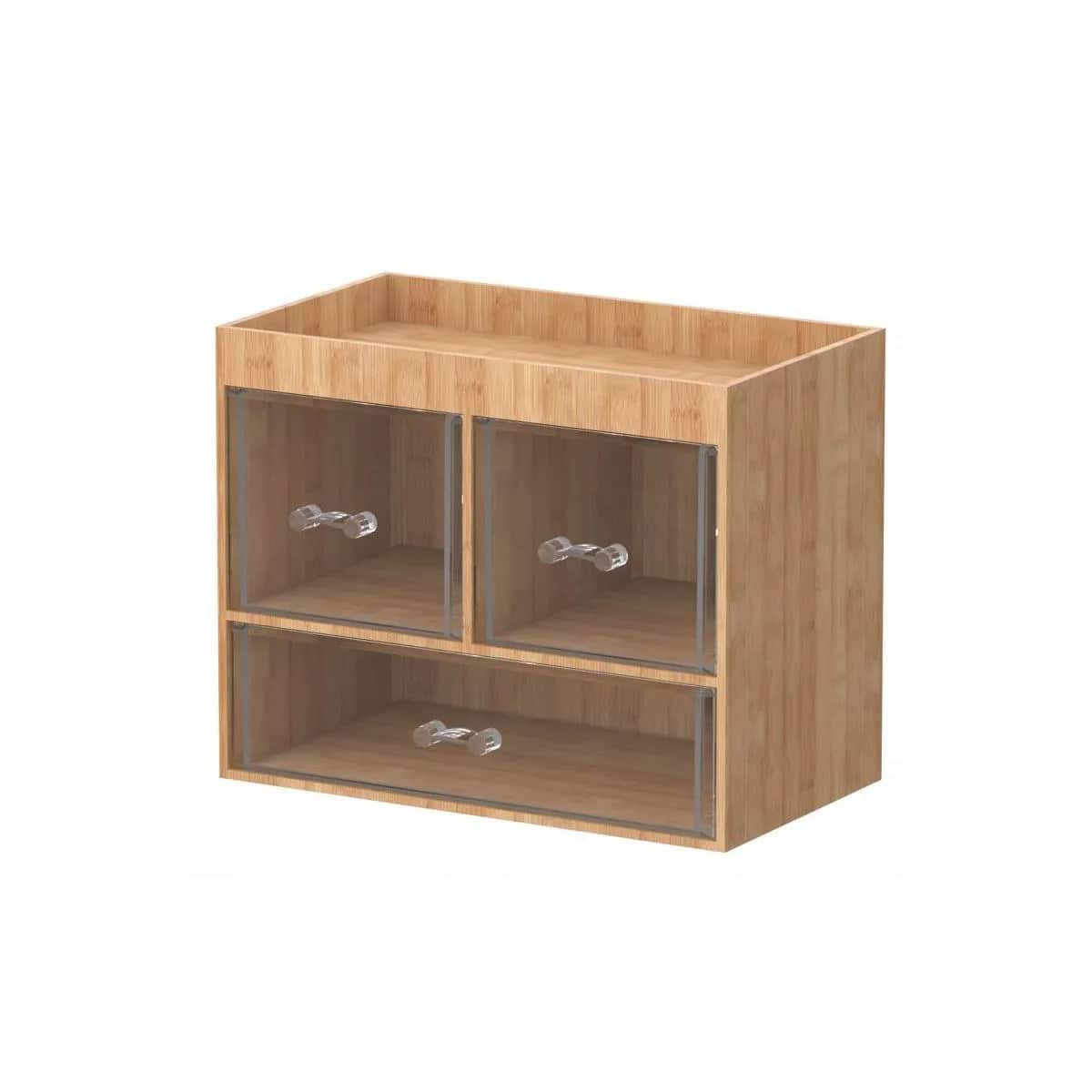 Elle - Bamboo Cosmetic Drawer Organizer with Open Shelf & 3 Acrylic Drawer Compartments, Nonslip Jewelry & Skincare Organizer - Clear/Natural Bamboo