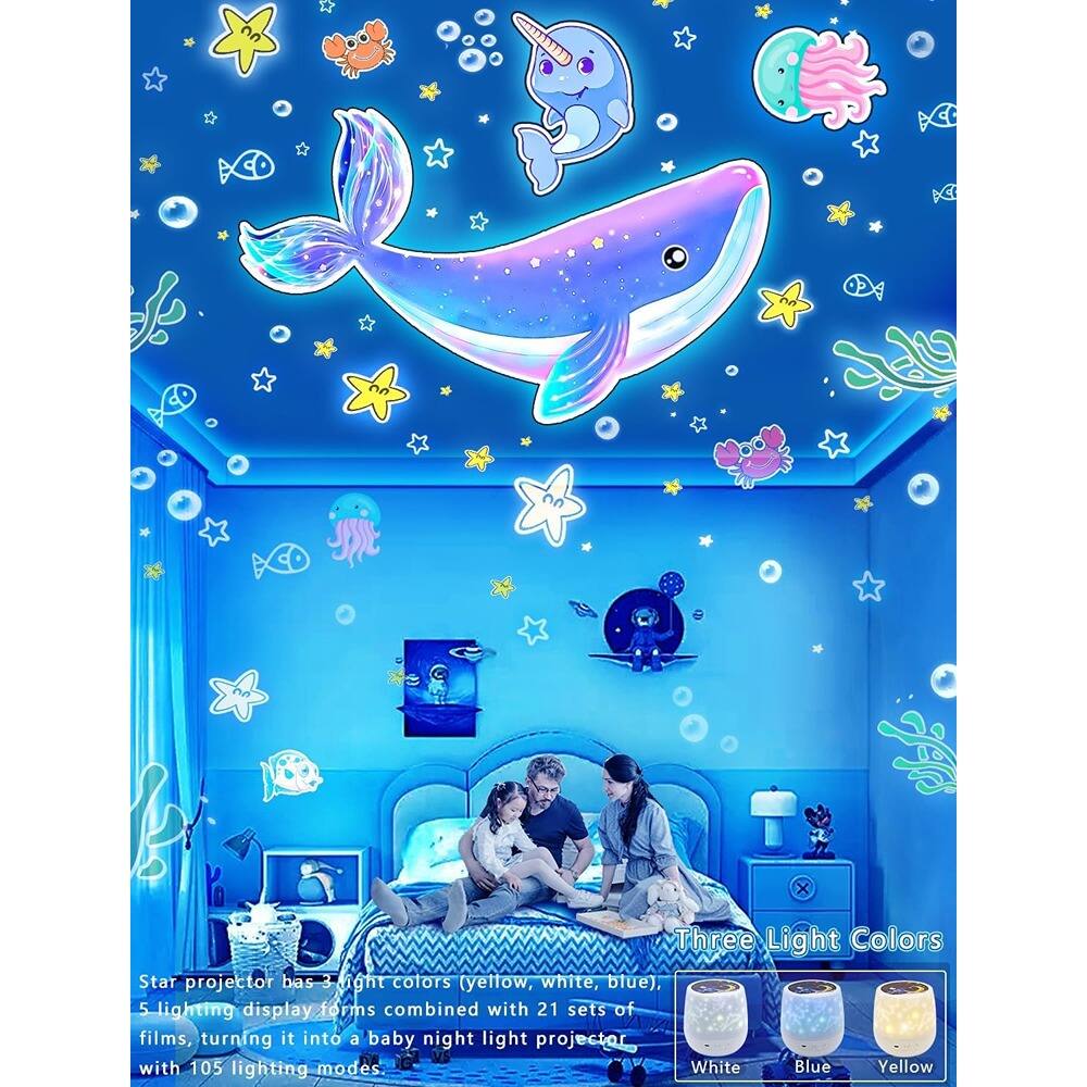 Star projector has 3 light colors (yellow, white, blue), 5 lighting display forms combined with 21 sets of films, turning it into a baby night light projector with 105 lighting modes.

Three Light Colors
White Blue Yellow