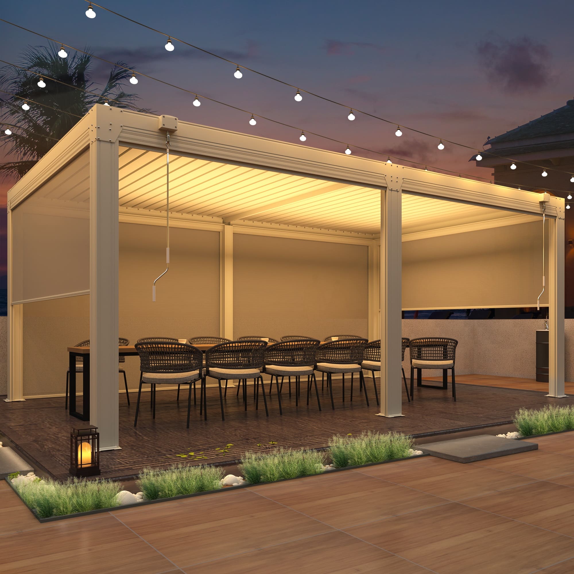 Front. U-HOMY - 12x20 ft Outdoor Aluminum Pergola with Adjustable Rainproof Roof & Privacy Screens - White.