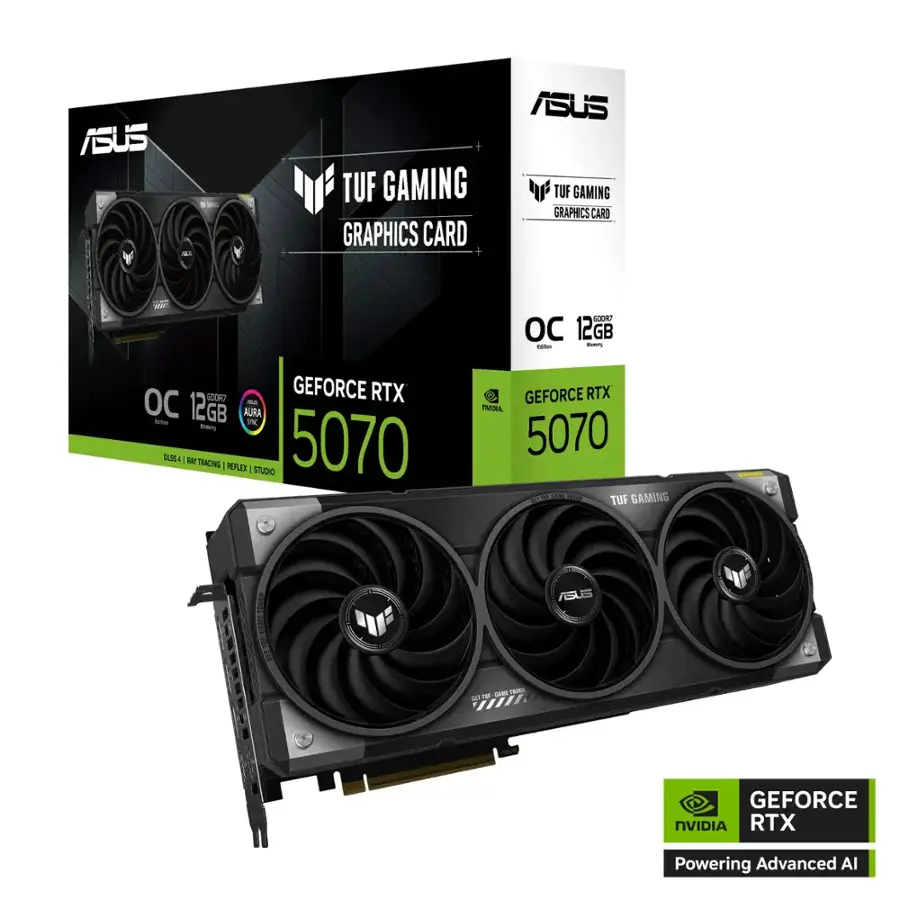 ASUS TUF GAMING GRAPHICS CARD:

* 5070 GEFORCE RTX
* 12GB GDDR6 memory
* OC 12GB Lamd ECO
* NVIDIA Aura in-game overlay
* D.O.C.S. 3D crosshair
* RTX Reflex
* Studio
* 5070 CO TUF GAMING
* ASUS SA0
* NVIDIA RTX
* Powering Advanced AI