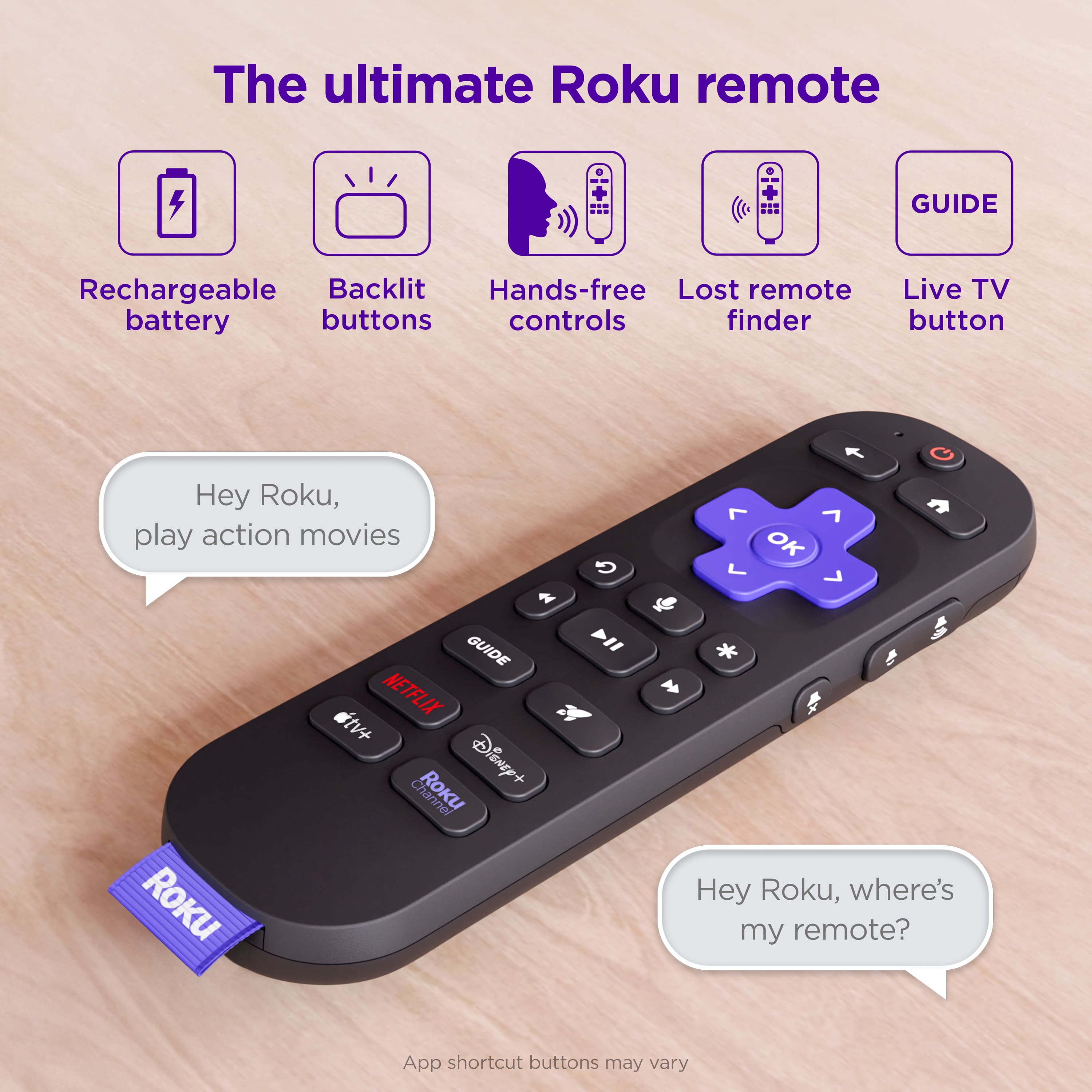 The Ultimate Roku Remote Guide: Rechargeable, Backlit, Hands-free, Lost Remote, Live TV, Battery Buttons, Controls, Finder Button. Hey Roku, play action movies. Hey Roku, where's my remote? App shortcut buttons may vary.