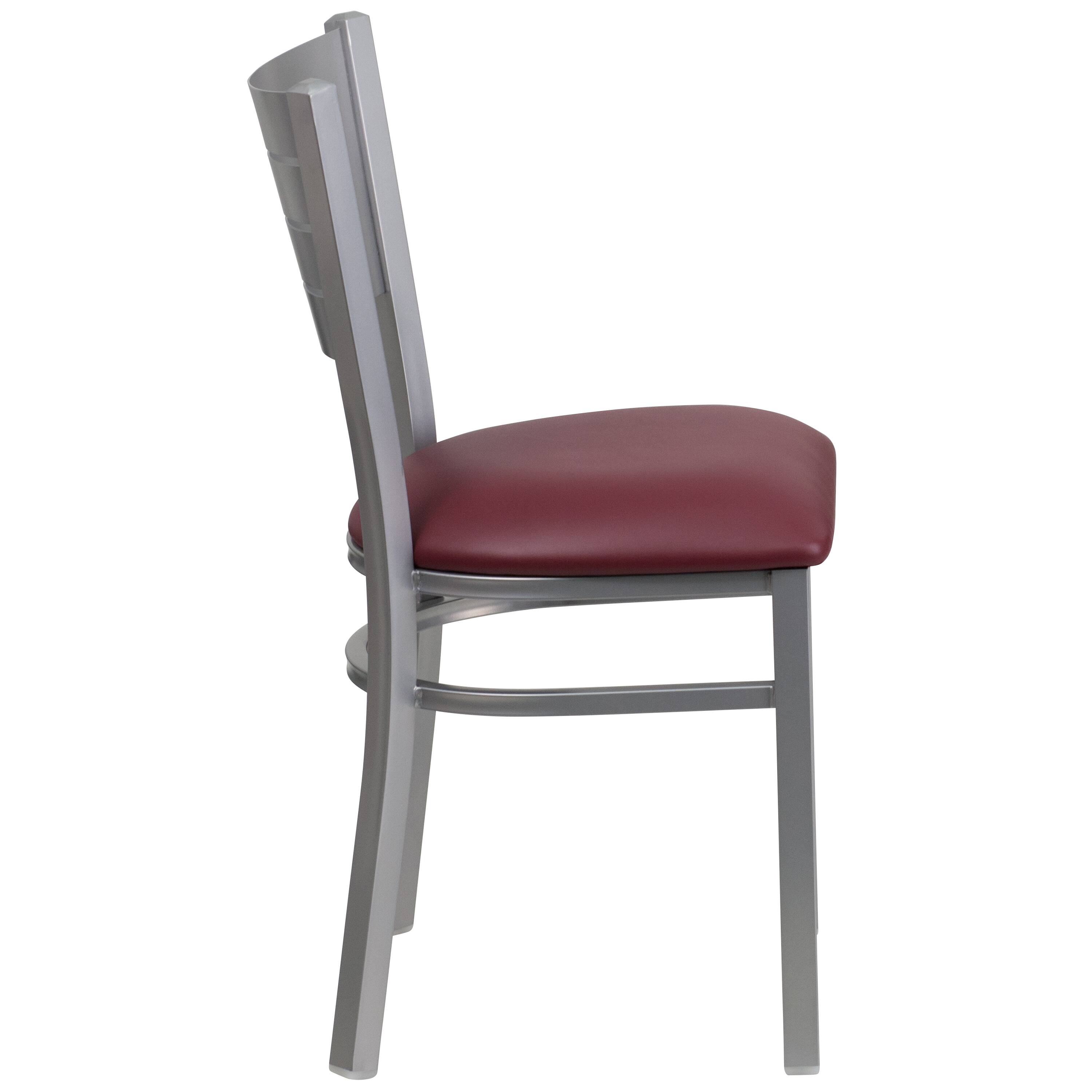 Alt View 4. Emma + Oliver - Silver Slat Back Metal Restaurant Dining Chair - Burgundy Vinyl Seat/Silver Frame.