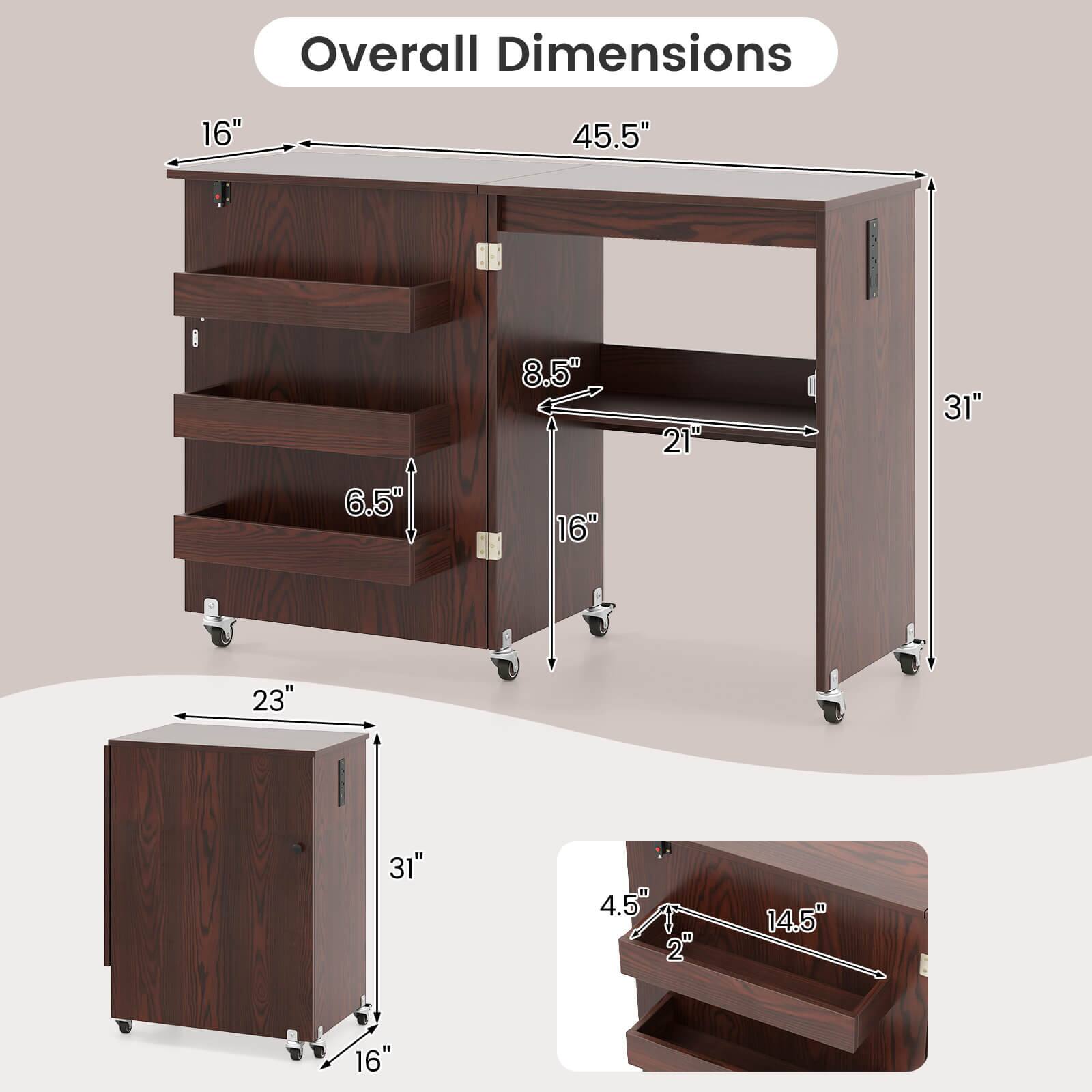 Overall Dimensions: 16" x 45.5" x 8.5" / 21" x 31" x 6.5" / 16" x 23" x 31" / 4.5" x 2" x 14.5"