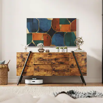 Front. GARVEE - TV Stand, with 2 Drawers and U-Shaped Metal Base - Rustic Brown.